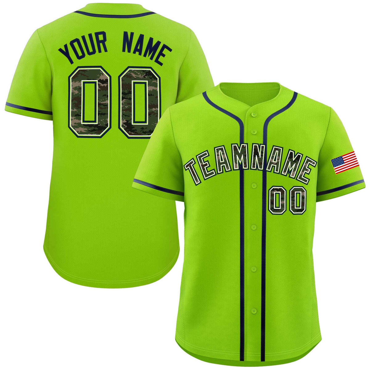 Custom Neon Green Personalized Camo Font Authentic Baseball Jersey