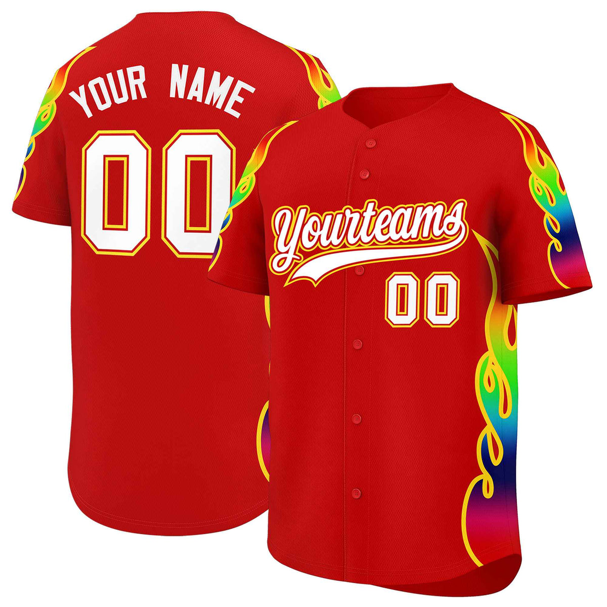 Custom Red Graffiti Pattern Personalized Multicolored Flames Print Authentic Baseball Jersey