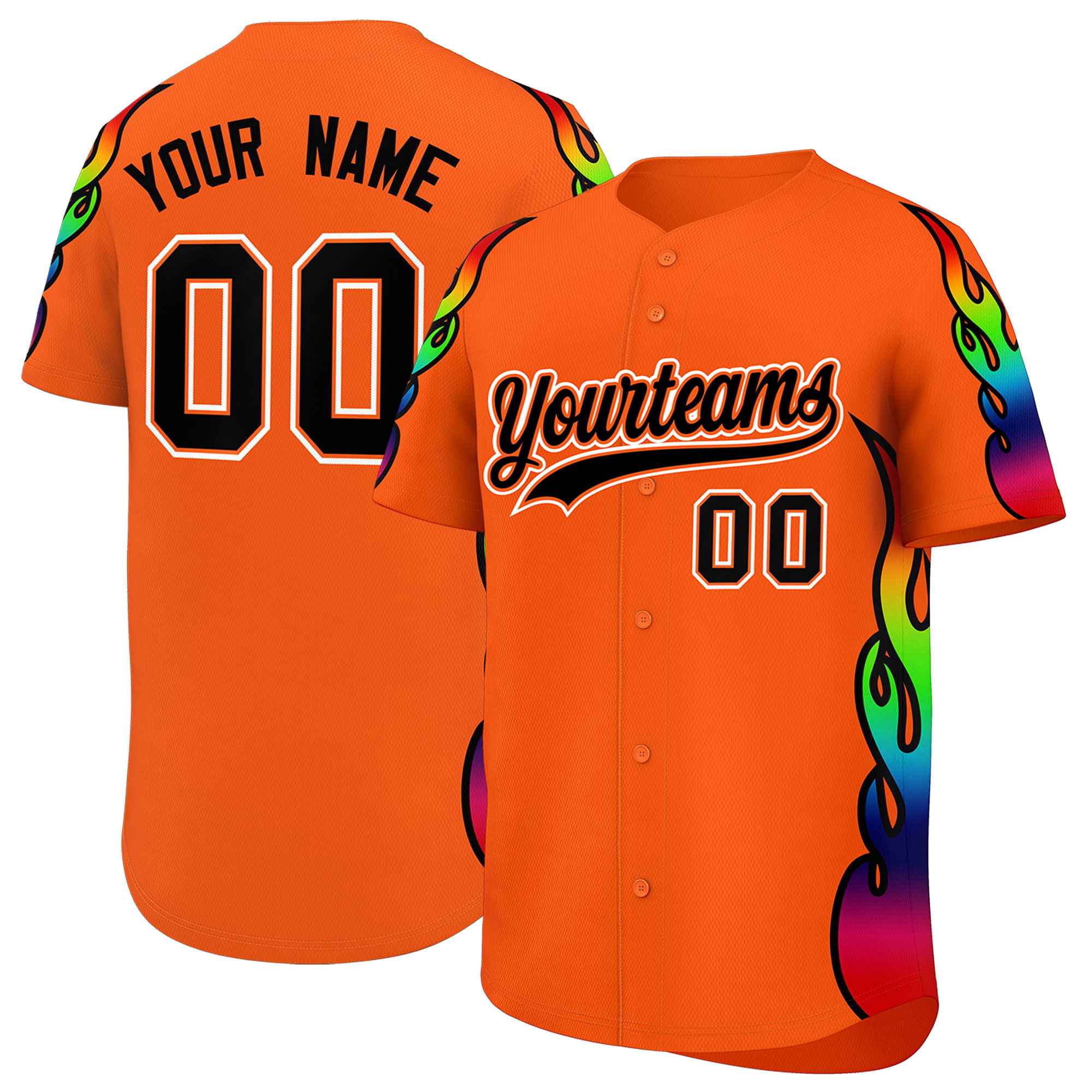 Custom Orange Graffiti Pattern Personalized Multicolored Flames Print Authentic Baseball Jersey