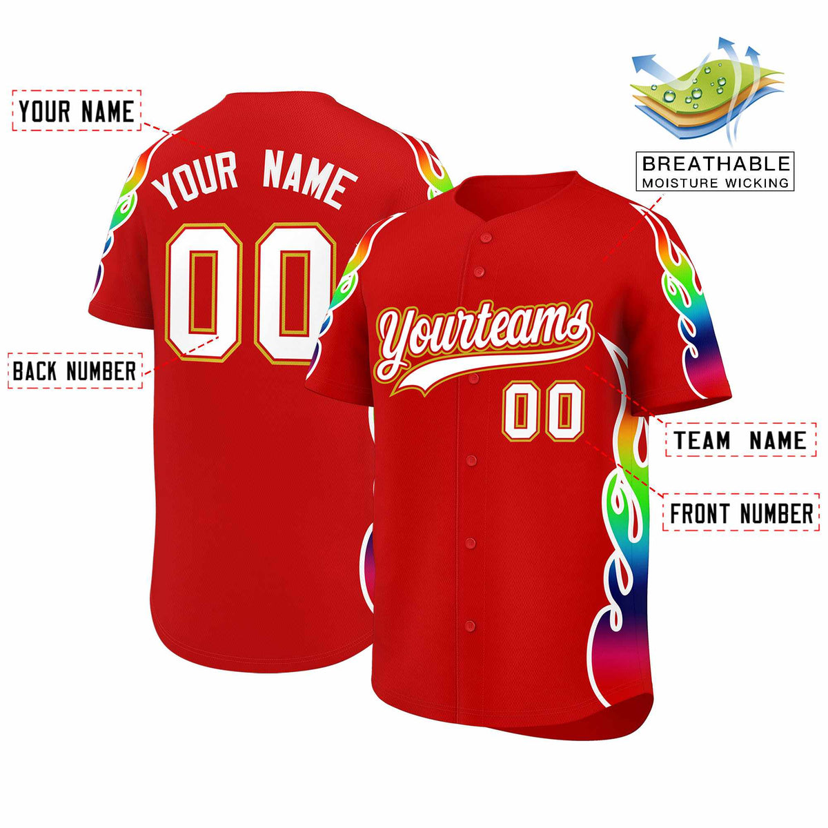 Custom Red Graffiti Pattern Personalized Multicolored Flames Print Authentic Baseball Jersey