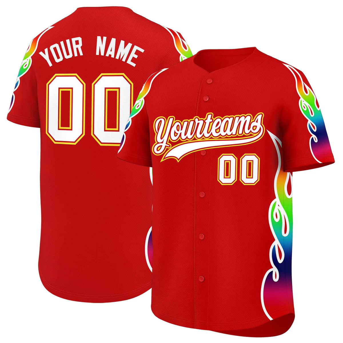 Custom Red Graffiti Pattern Personalized Multicolored Flames Print Authentic Baseball Jersey
