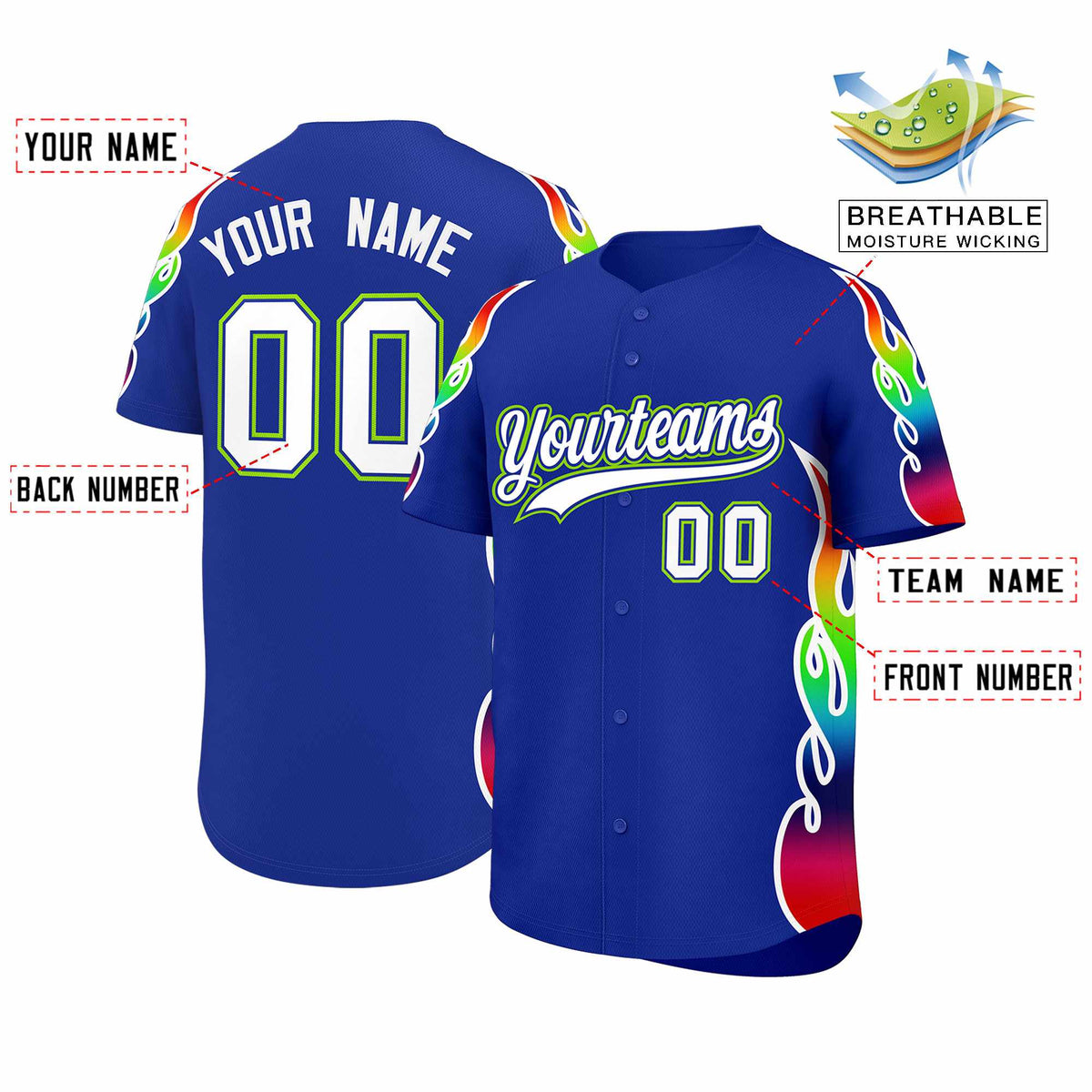 Custom Royal Graffiti Pattern Personalized Multicolored Flames Print Authentic Baseball Jersey