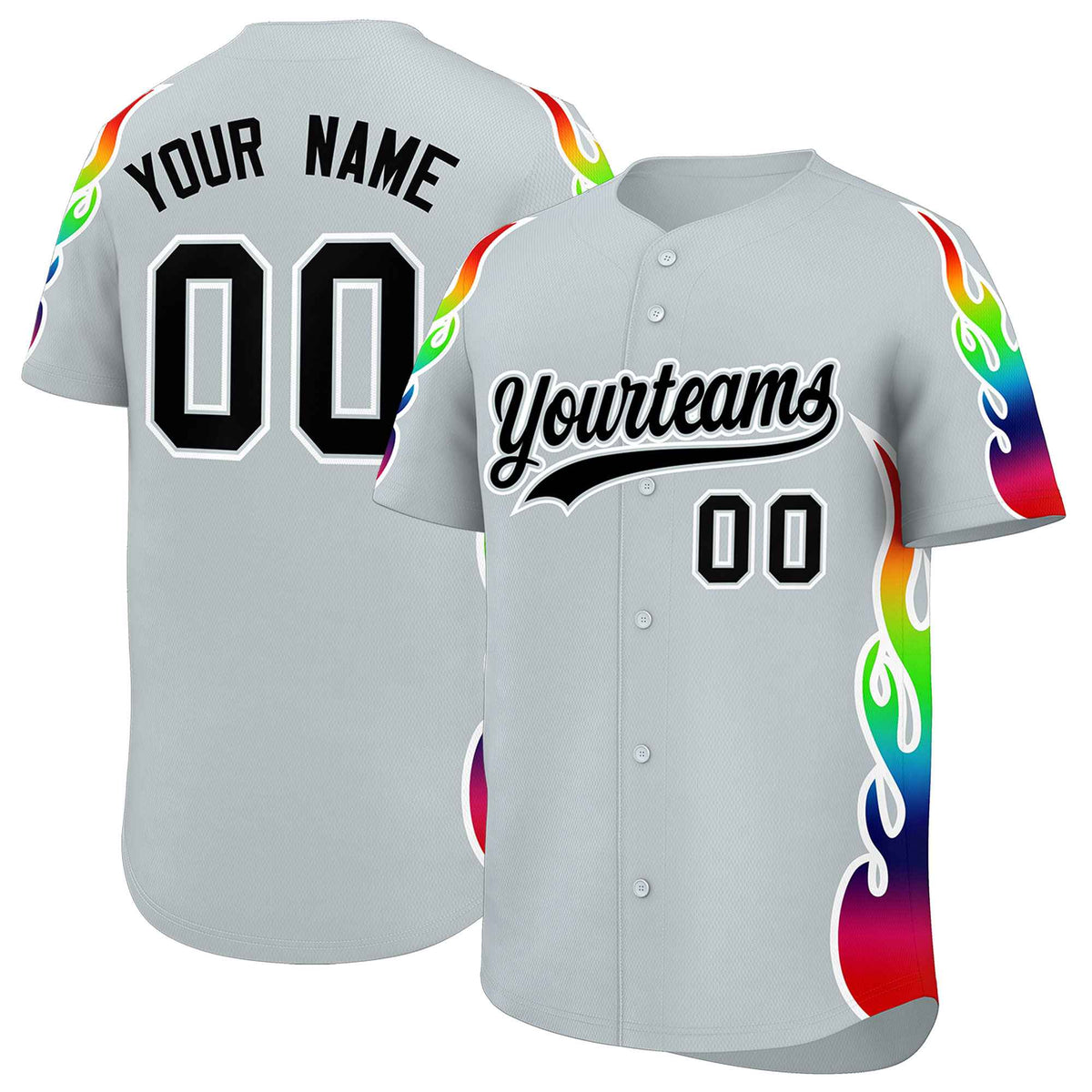 Custom Silver Graffiti Pattern Personalized Multicolored Flames Print Authentic Baseball Jersey