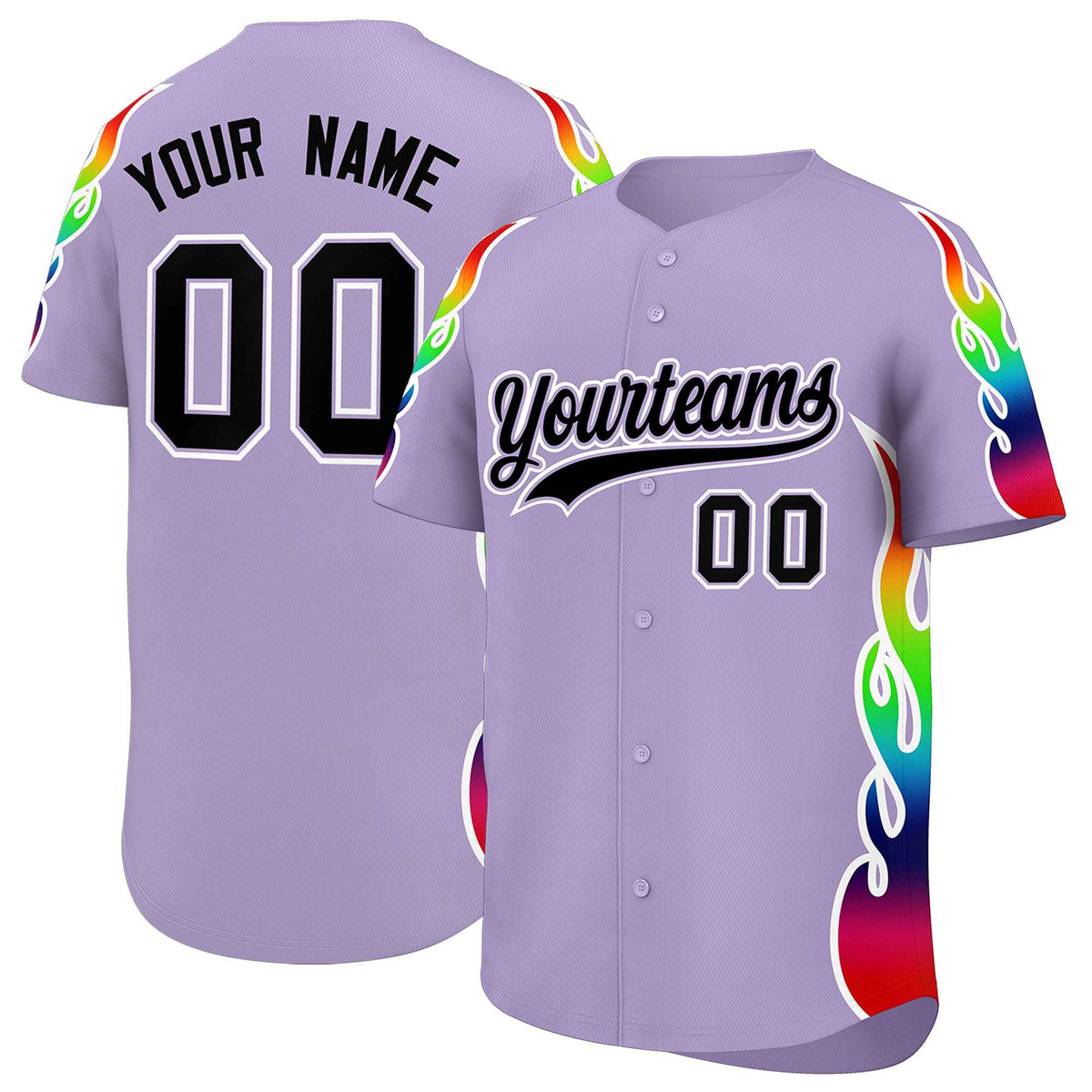Custom Light Purple Graffiti Pattern Personalized Multicolored Flames Print Authentic Baseball Jersey