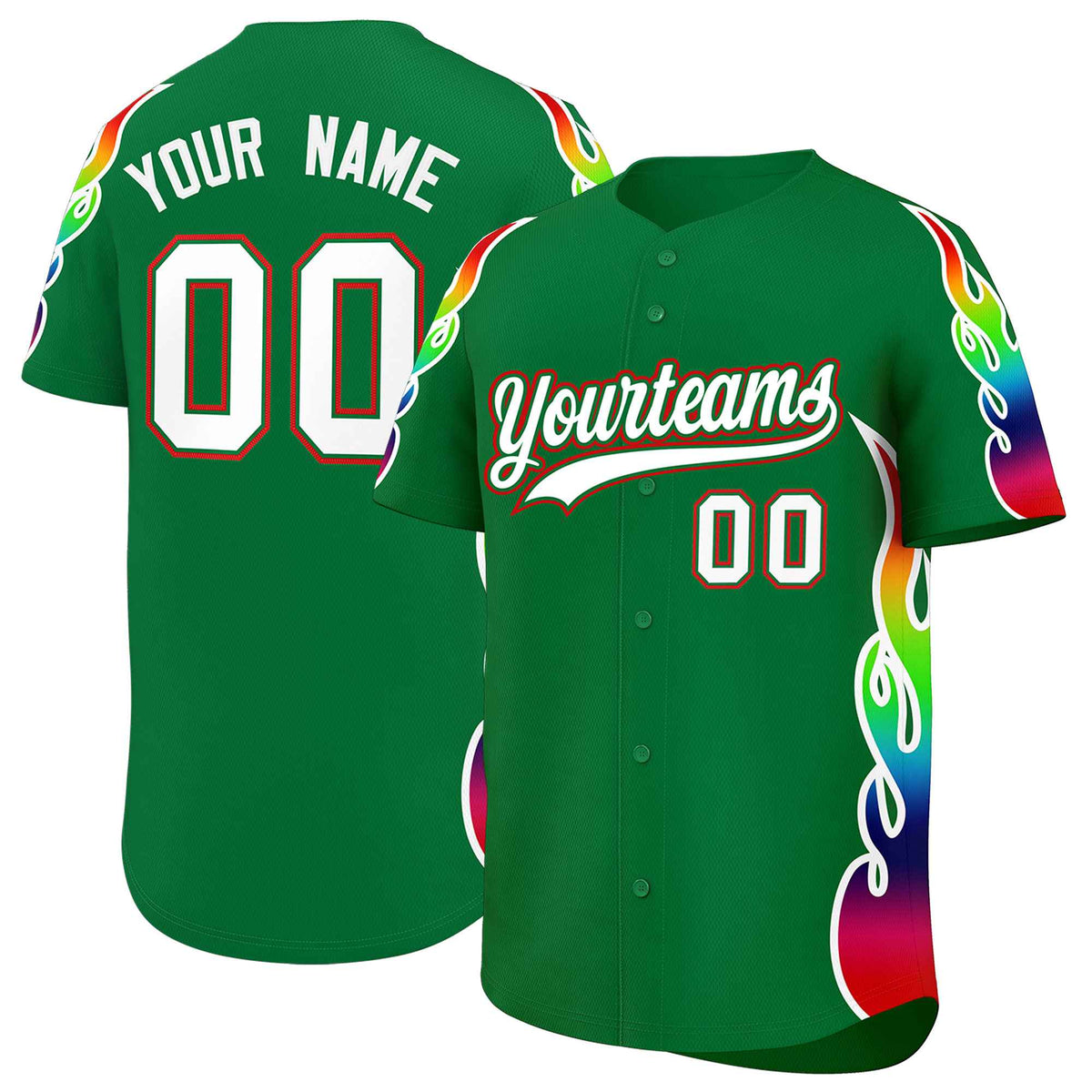 Custom Kelly Green Graffiti Pattern Personalized Multicolored Flames Print Authentic Baseball Jersey