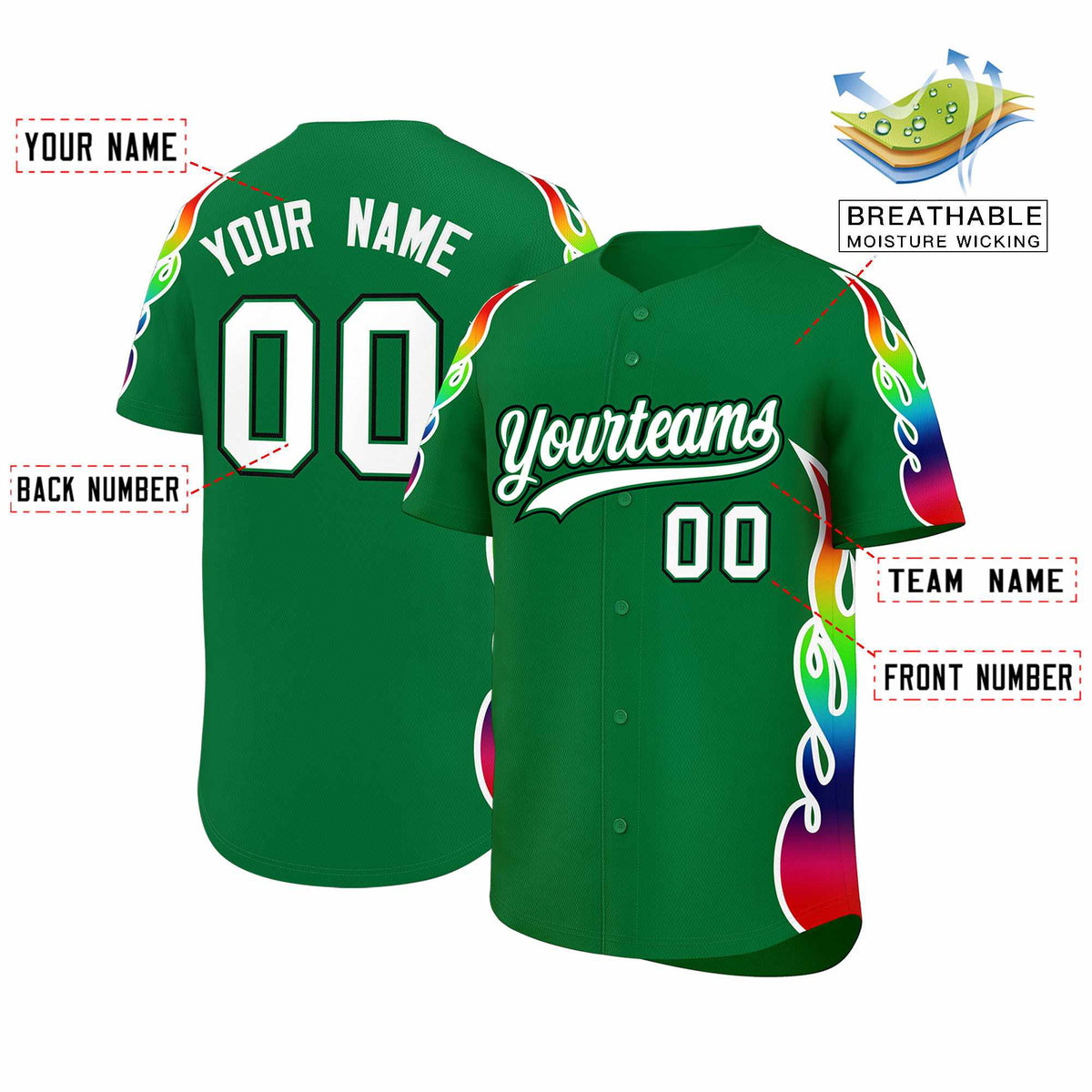 Custom Kelly Green Graffiti Pattern Personalized Multicolored Flames Print Authentic Baseball Jersey
