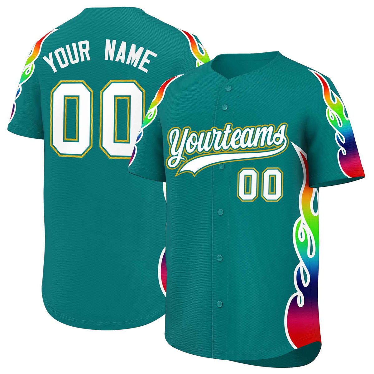 Custom Aqua Graffiti Pattern Personalized Multicolored Flames Print Authentic Baseball Jersey