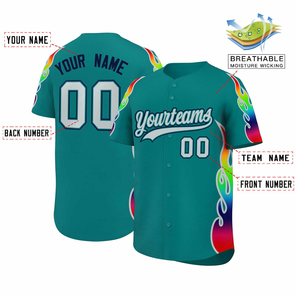 Custom Aqua Graffiti Pattern Personalized Multicolored Flames Print Authentic Baseball Jersey