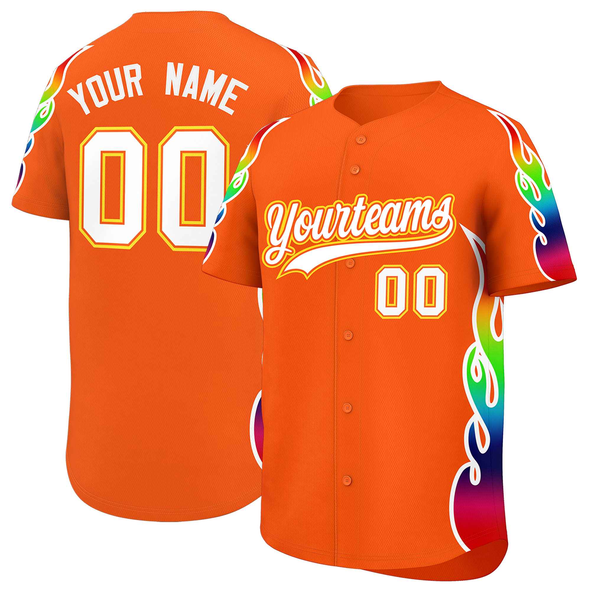 Custom Orange Graffiti Pattern Personalized Multicolored Flames Print Authentic Baseball Jersey