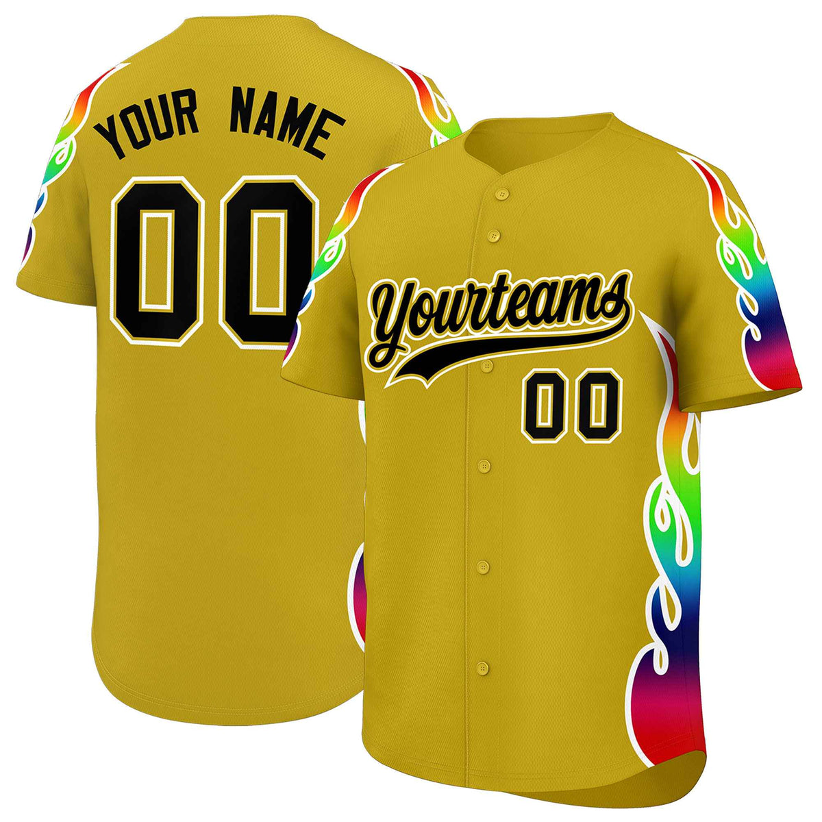 Custom Old Gold Graffiti Pattern Personalized Multicolored Flames Print Authentic Baseball Jersey