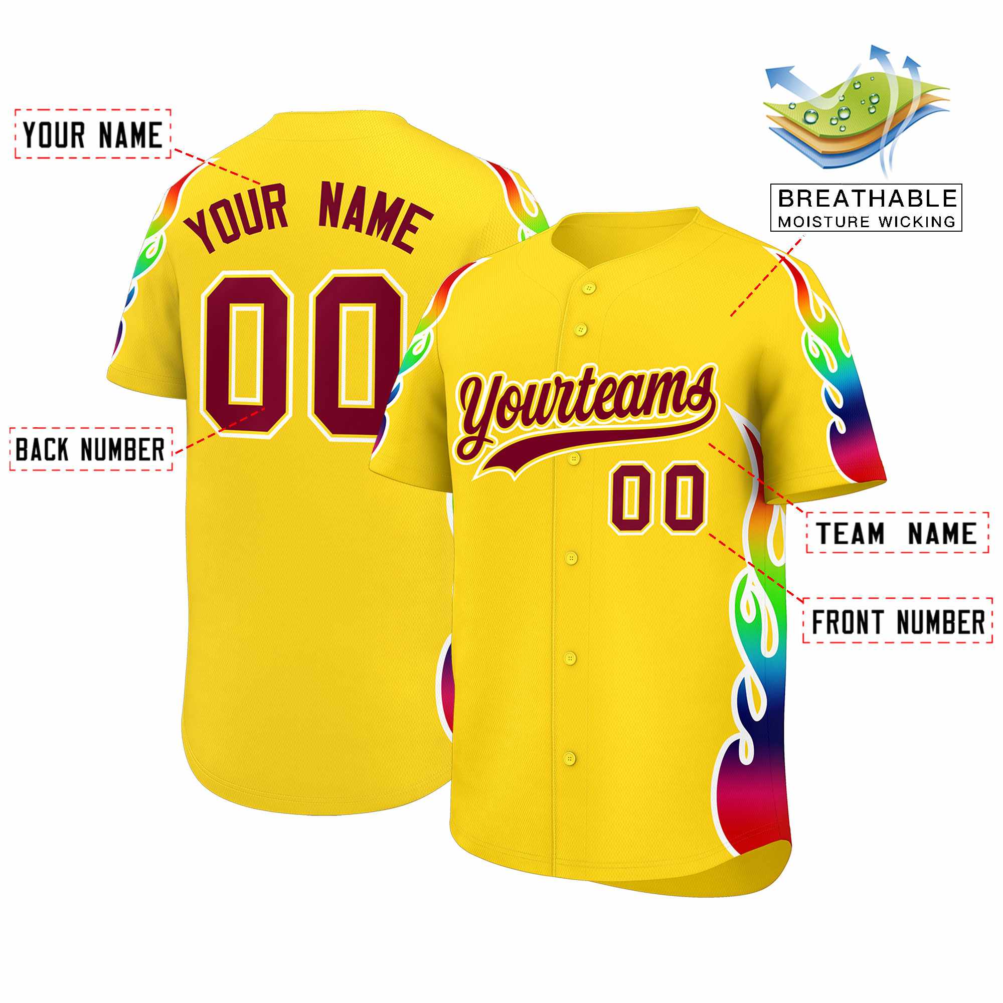 Custom Gold Graffiti Pattern Personalized Multicolored Flames Print Authentic Baseball Jersey