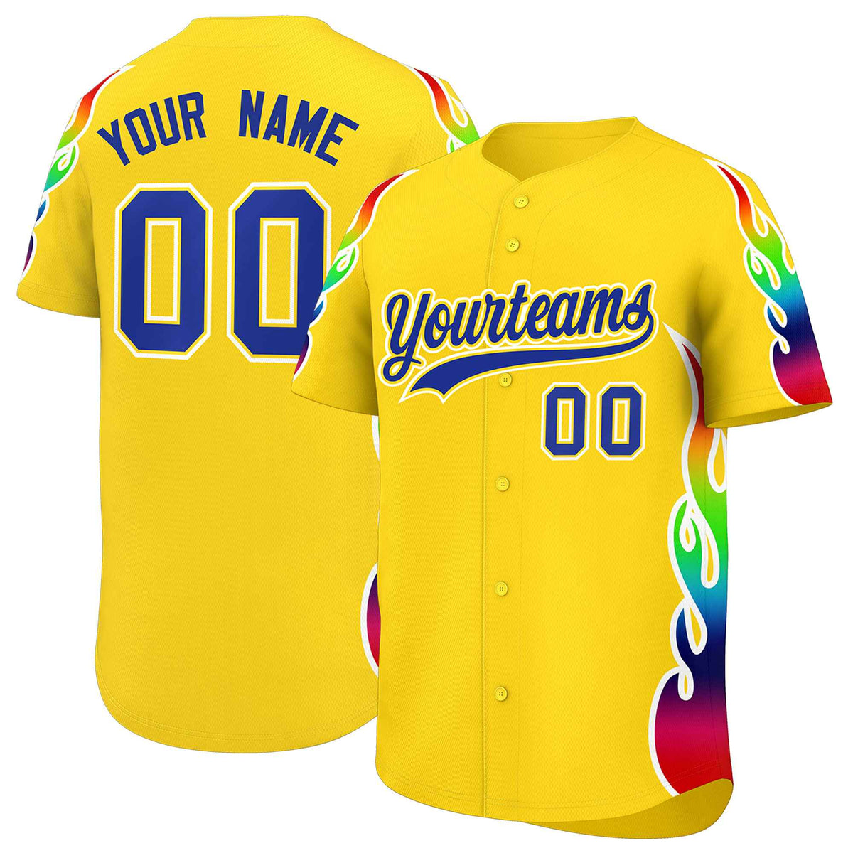 Custom Gold Graffiti Pattern Personalized Multicolored Flames Print Authentic Baseball Jersey
