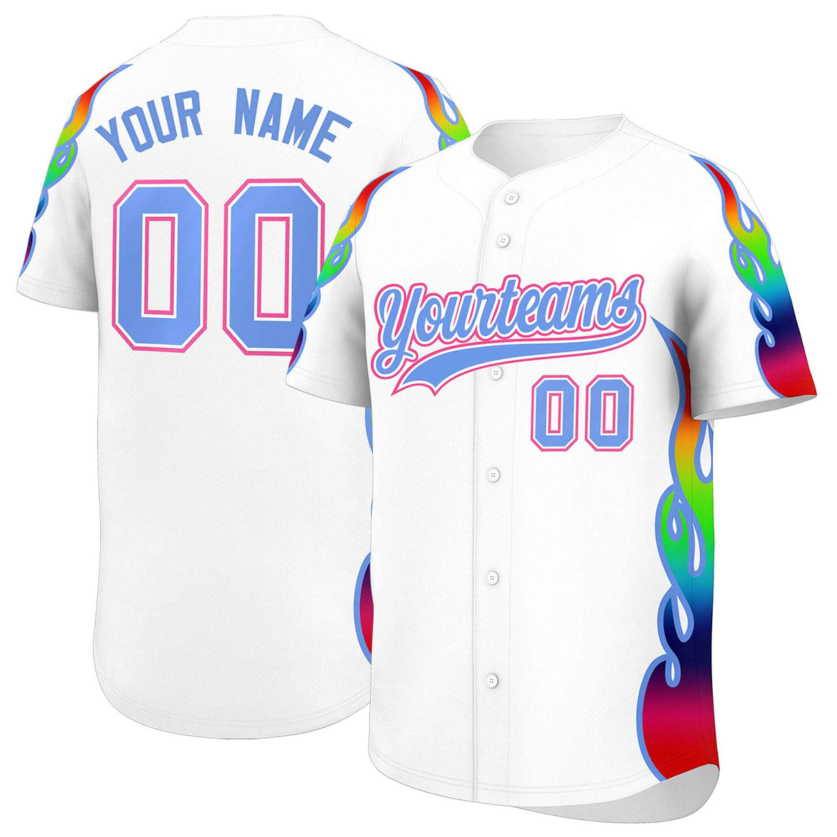 Custom White Graffiti Pattern Personalized Multicolored Flames Print Authentic Baseball Jersey