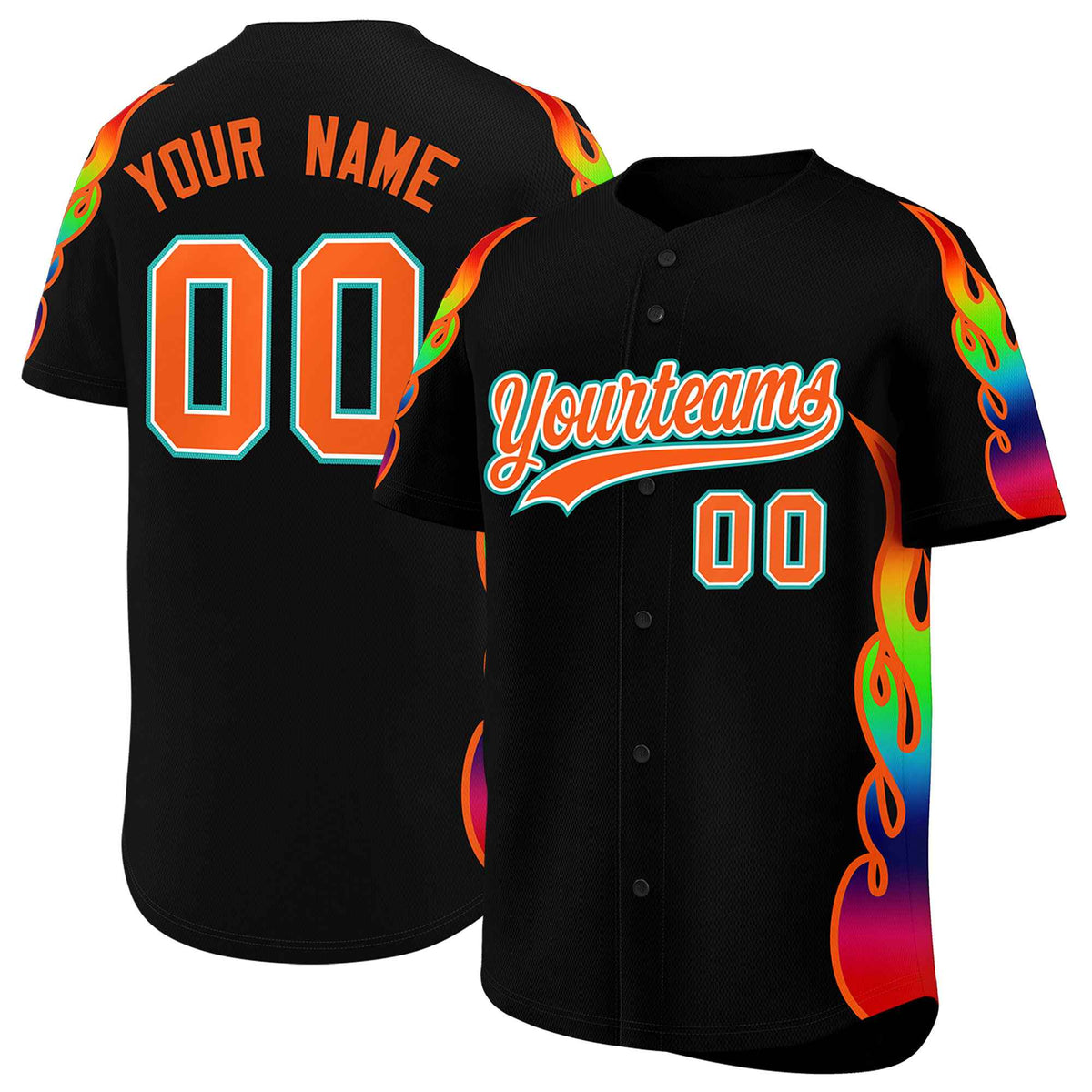 Custom Black Graffiti Pattern Personalized Multicolored Flames Print Authentic Baseball Jersey