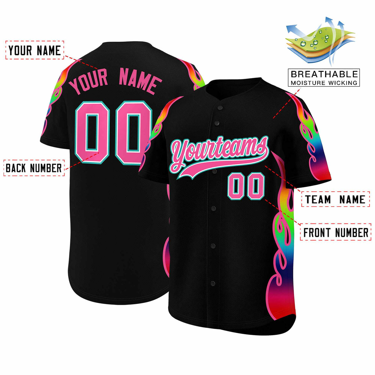 Custom Black Graffiti Pattern Personalized Multicolored Flames Print Authentic Baseball Jersey