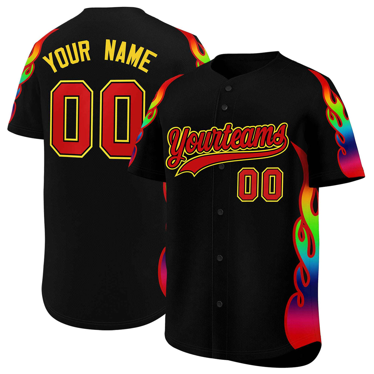 Custom Black Graffiti Pattern Personalized Multicolored Flames Print Authentic Baseball Jersey