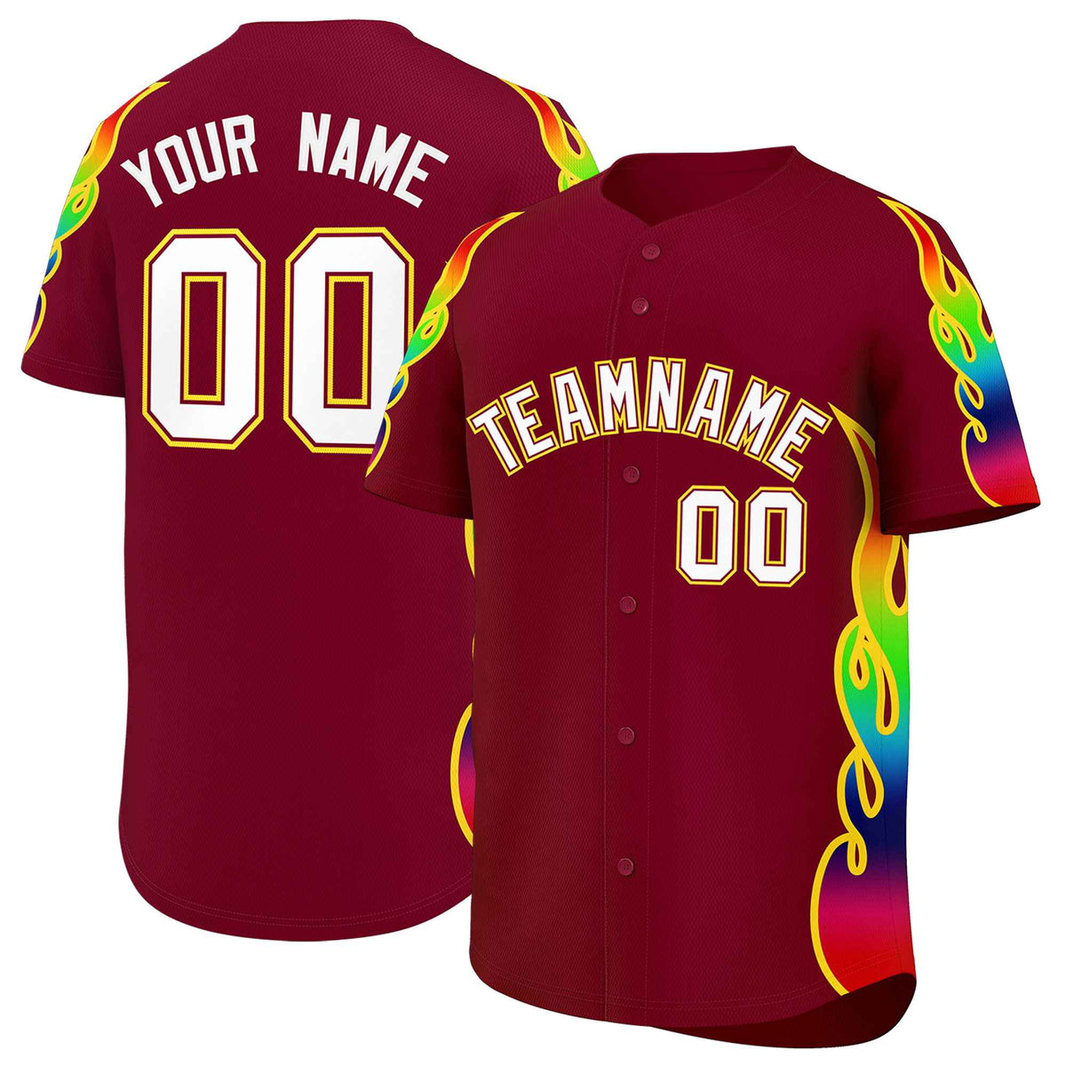Custom Crimson Graffiti Pattern Personalized Multicolored Flames Print Authentic Baseball Jersey