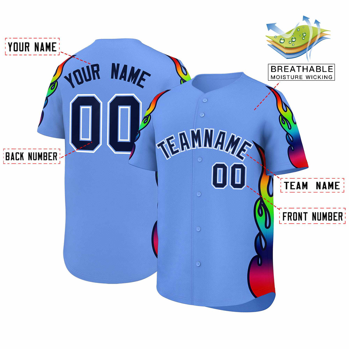 Custom Light Blue Graffiti Pattern Personalized Multicolored Flames Print Authentic Baseball Jersey