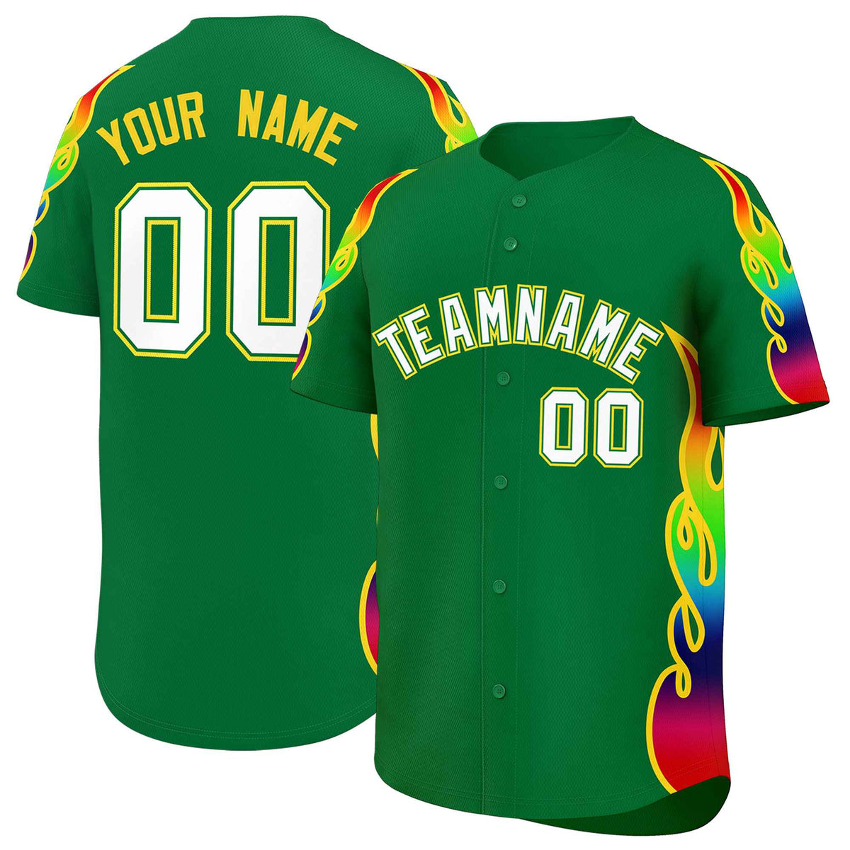 Custom Kelly Green Graffiti Pattern Personalized Multicolored Flames Print Authentic Baseball Jersey