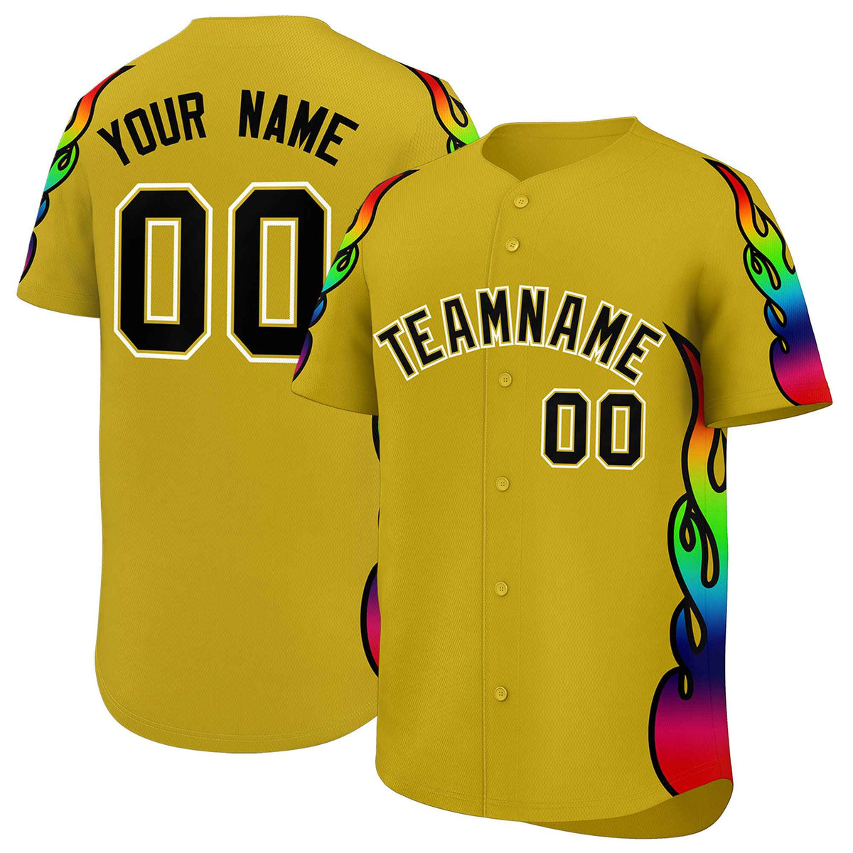 Custom Old Gold Graffiti Pattern Personalized Multicolored Flames Print Authentic Baseball Jersey