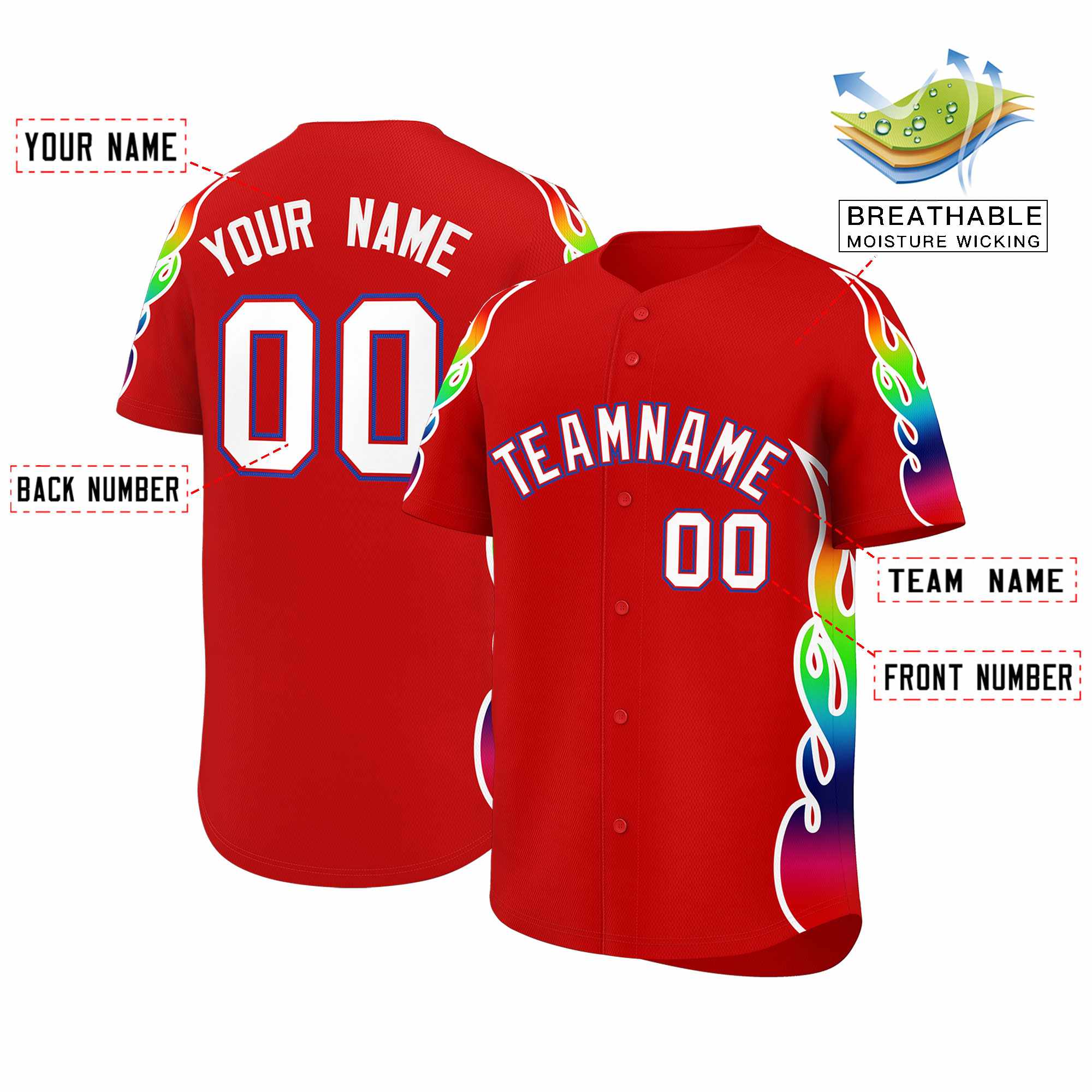 Custom Red Graffiti Pattern Personalized Multicolored Flames Print Authentic Baseball Jersey