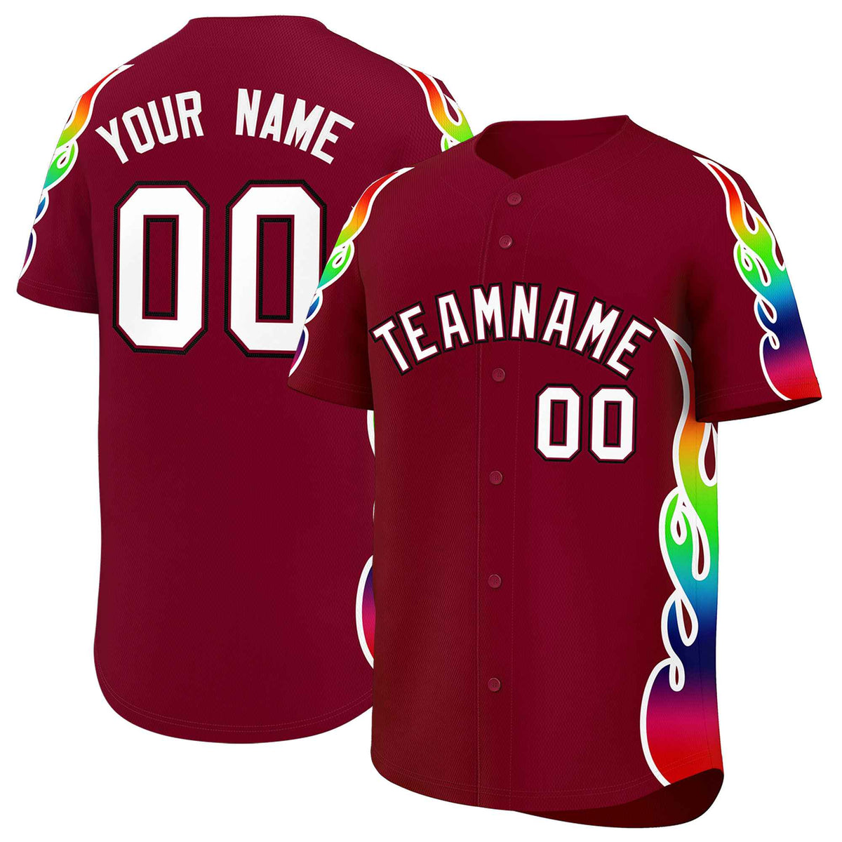Custom Crimson Graffiti Pattern Personalized Multicolored Flames Print Authentic Baseball Jersey