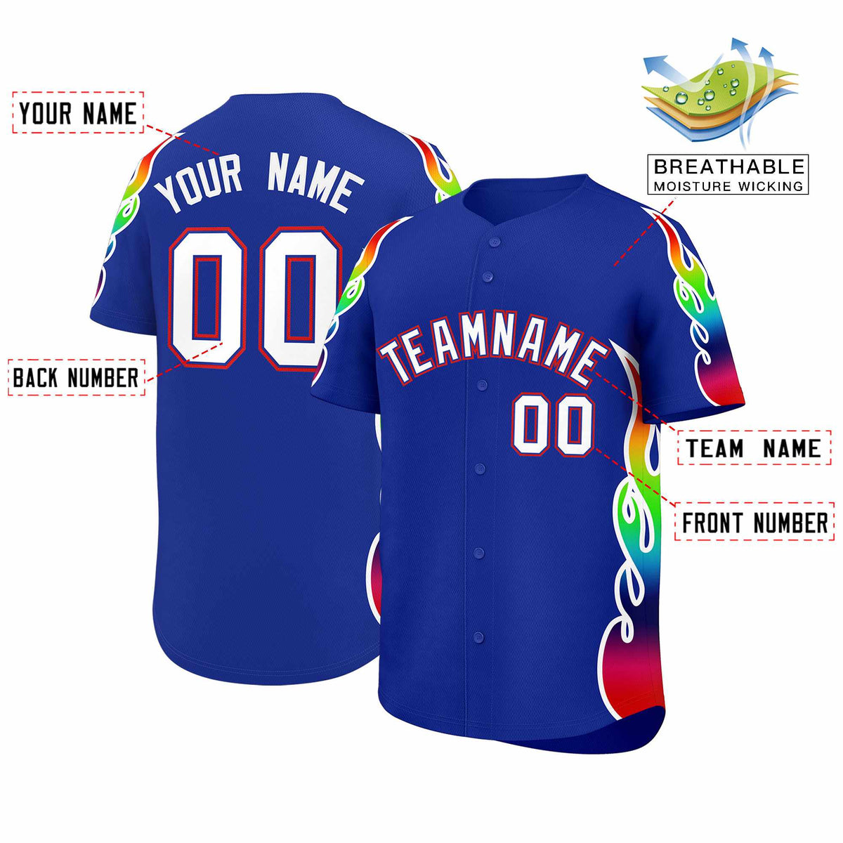 Custom Royal Graffiti Pattern Personalized Multicolored Flames Print Authentic Baseball Jersey
