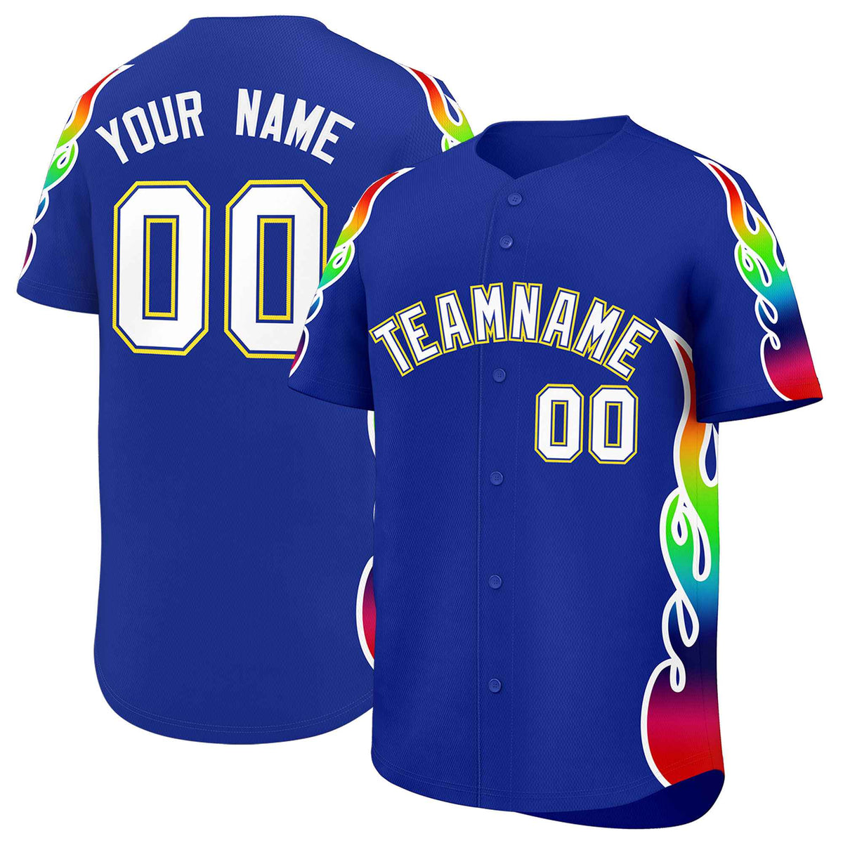 Custom Royal Graffiti Pattern Personalized Multicolored Flames Print Authentic Baseball Jersey