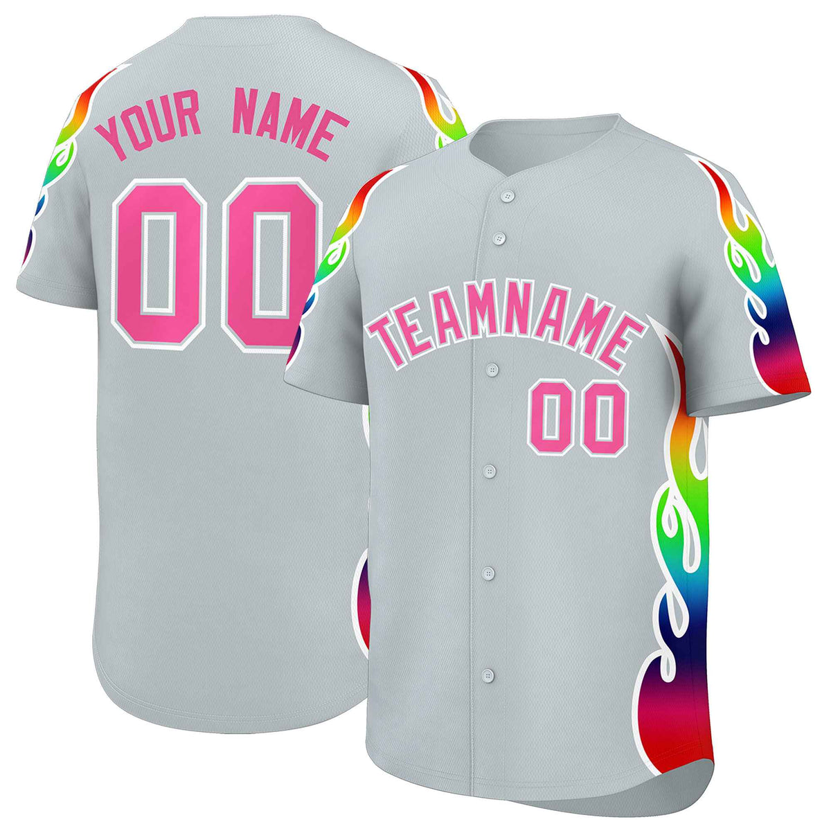 Custom Silver Graffiti Pattern Personalized Multicolored Flames Print Authentic Baseball Jersey
