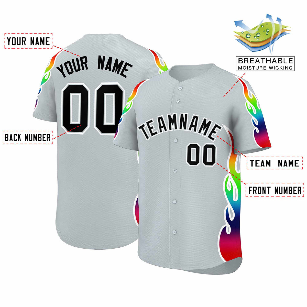 Custom Silver Graffiti Pattern Personalized Multicolored Flames Print Authentic Baseball Jersey