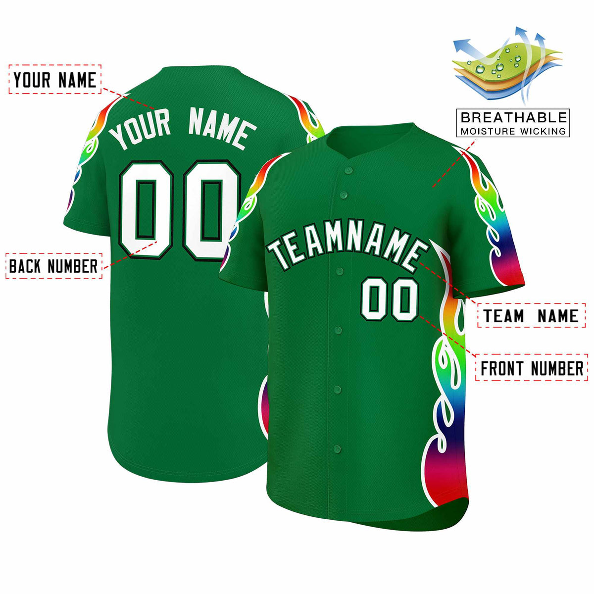 Custom Kelly Green Graffiti Pattern Personalized Multicolored Flames Print Authentic Baseball Jersey