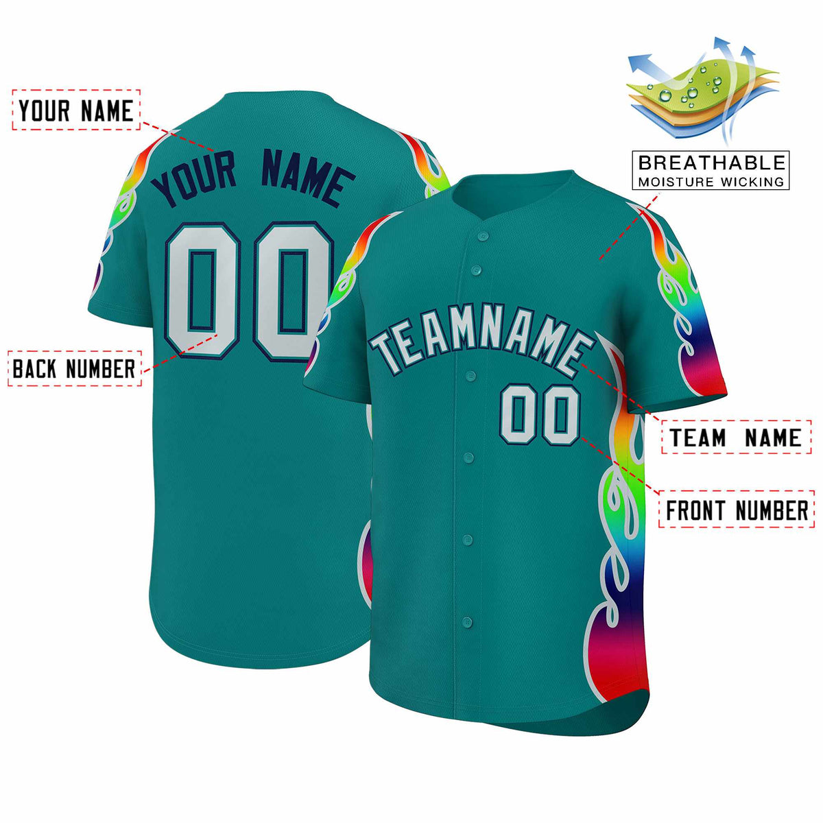 Custom Aqua Graffiti Pattern Personalized Multicolored Flames Print Authentic Baseball Jersey
