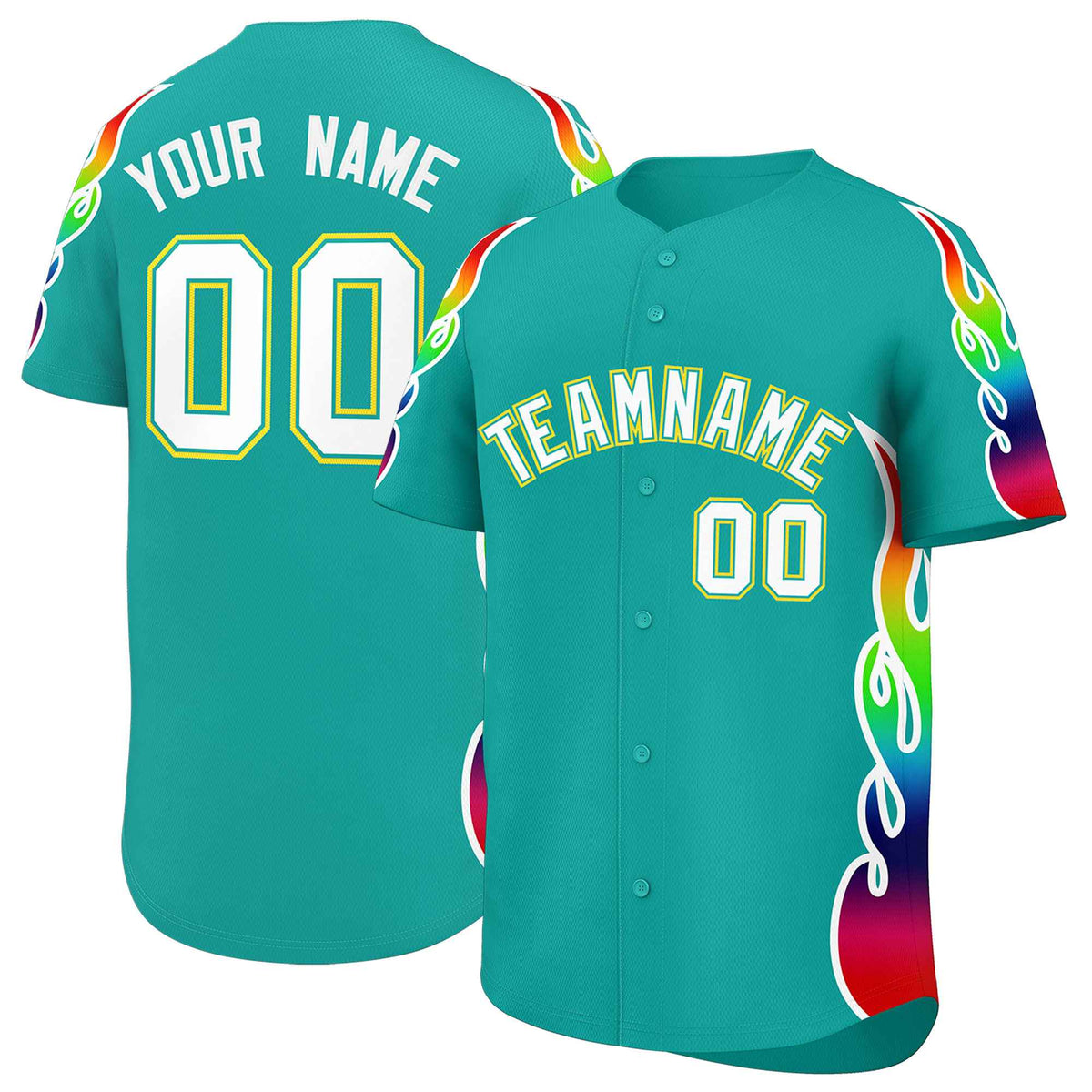 Custom Aqua Graffiti Pattern Personalized Multicolored Flames Print Authentic Baseball Jersey