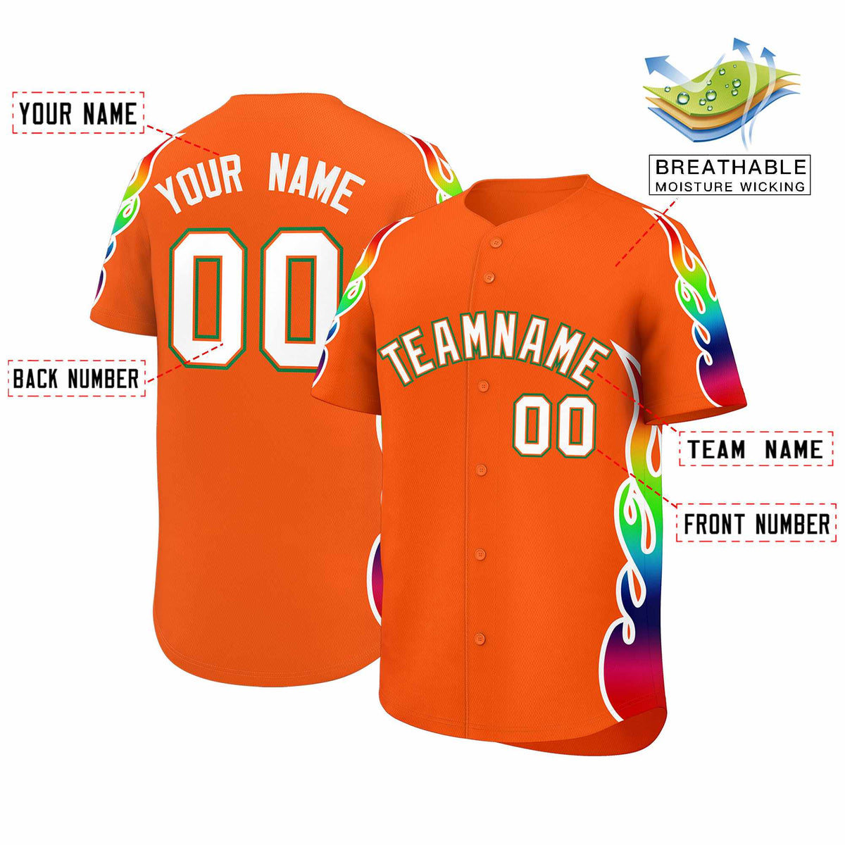 Custom Orange Graffiti Pattern Personalized Multicolored Flames Print Authentic Baseball Jersey