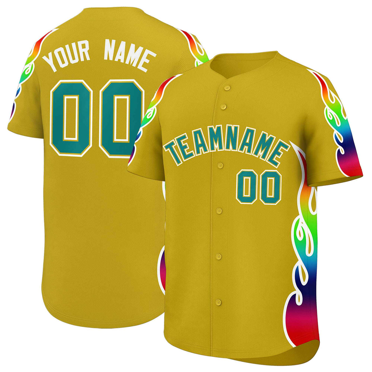 Custom Old Gold Graffiti Pattern Personalized Multicolored Flames Print Authentic Baseball Jersey