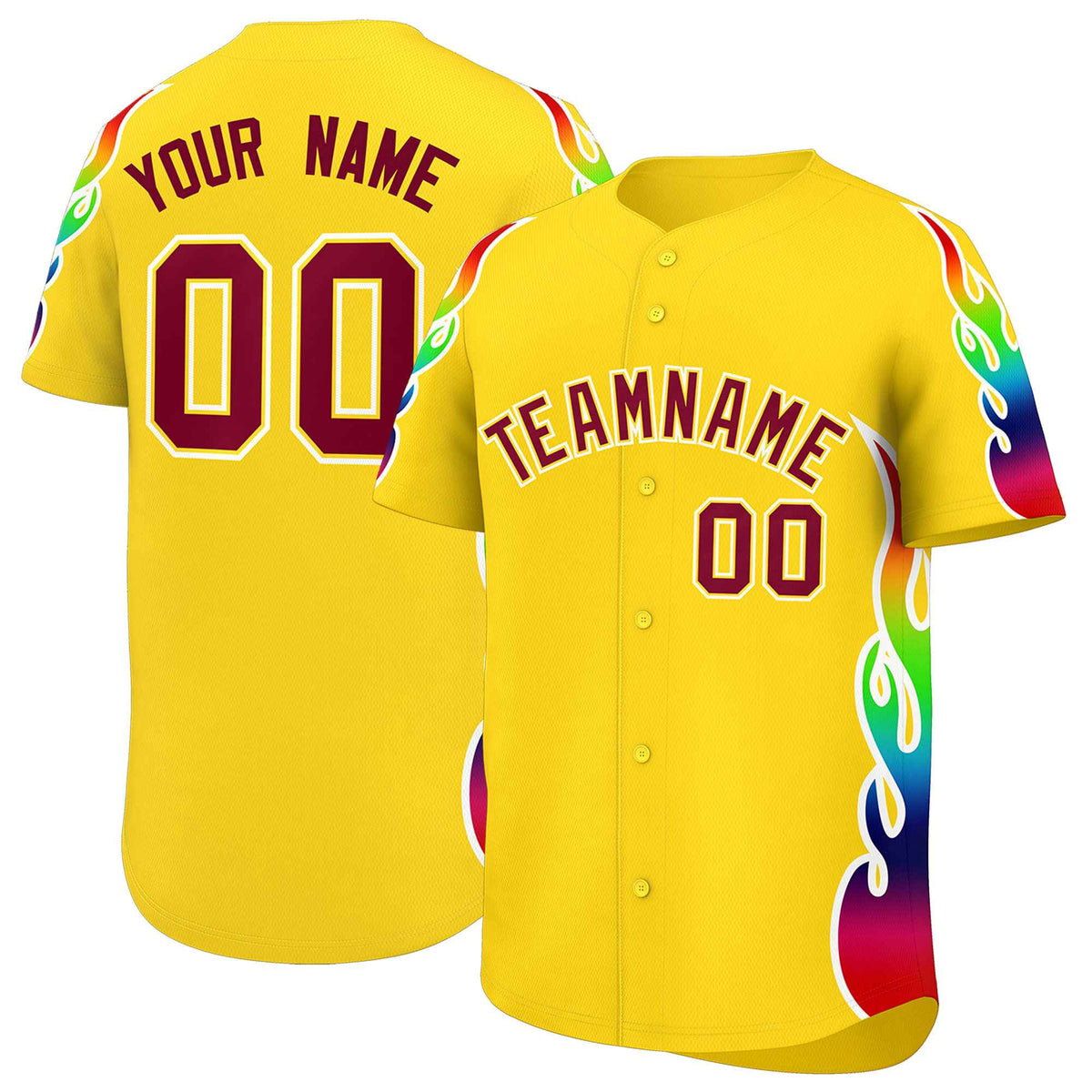 Custom Gold Graffiti Pattern Personalized Multicolored Flames Print Authentic Baseball Jersey