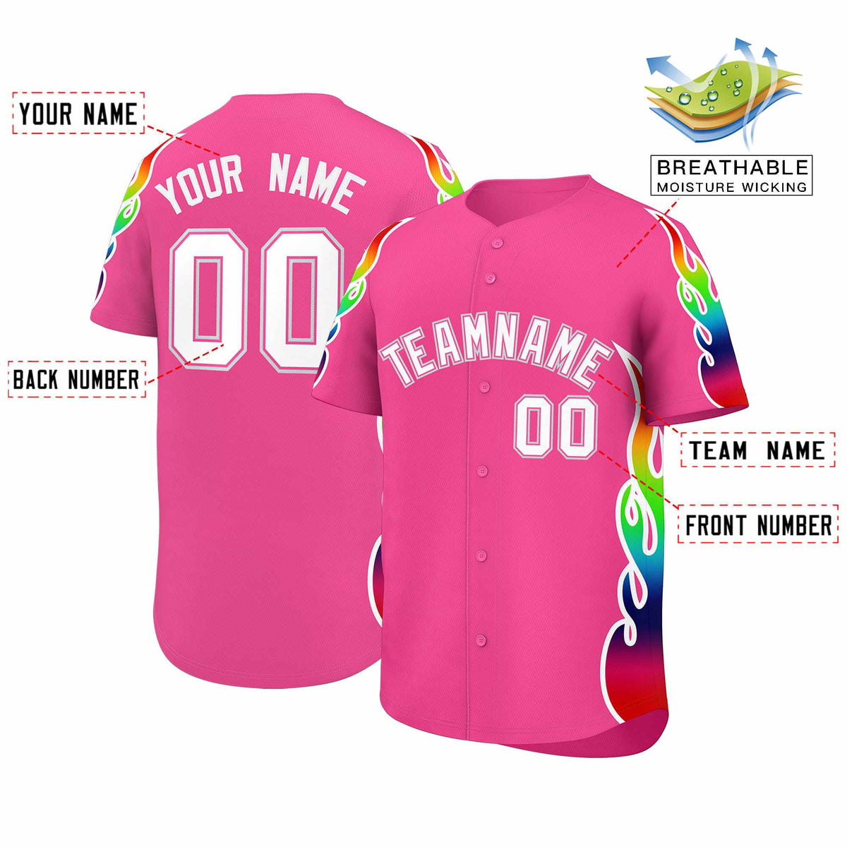 Custom Pink Graffiti Pattern Personalized Multicolored Flames Print Authentic Baseball Jersey