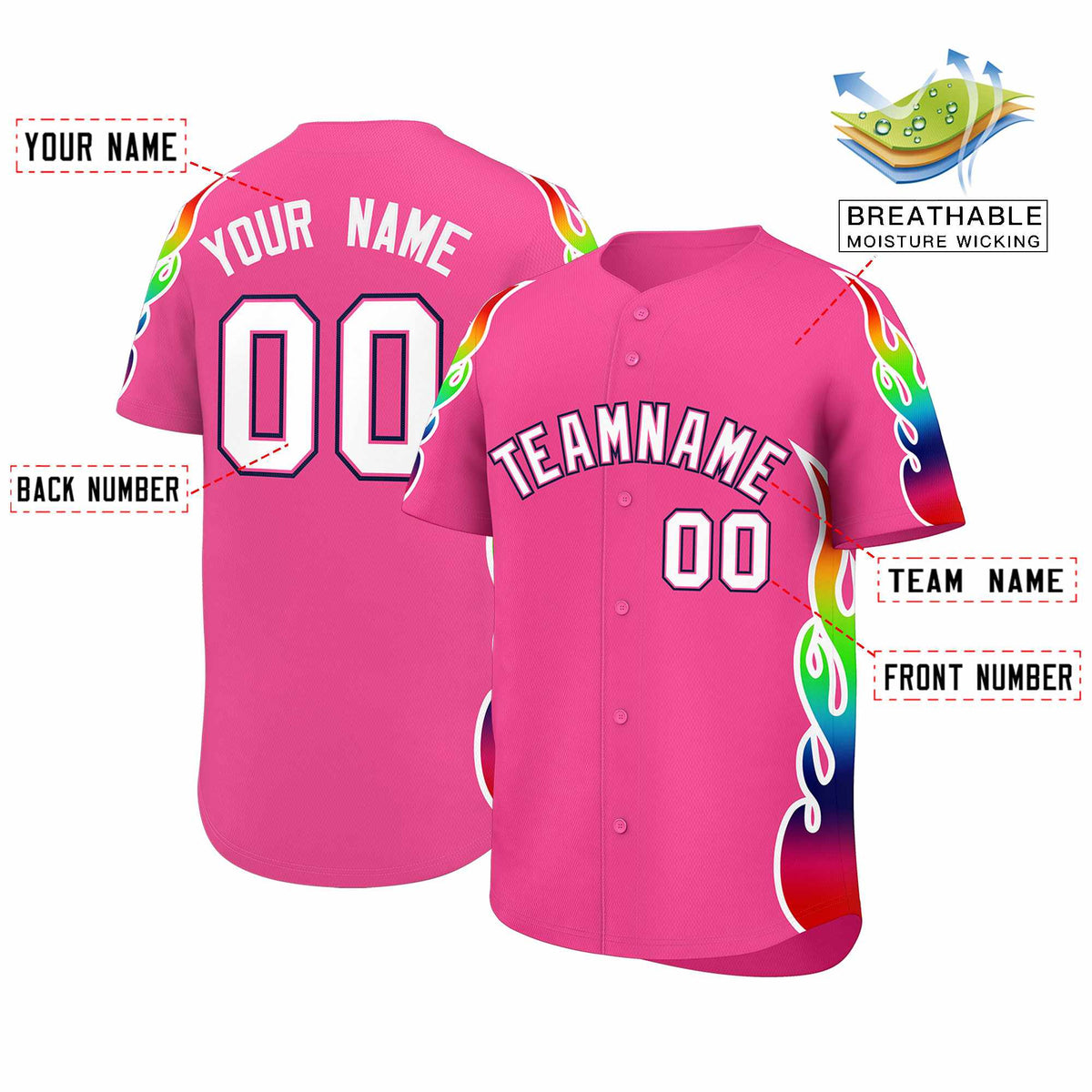 Custom Pink Graffiti Pattern Personalized Multicolored Flames Print Authentic Baseball Jersey