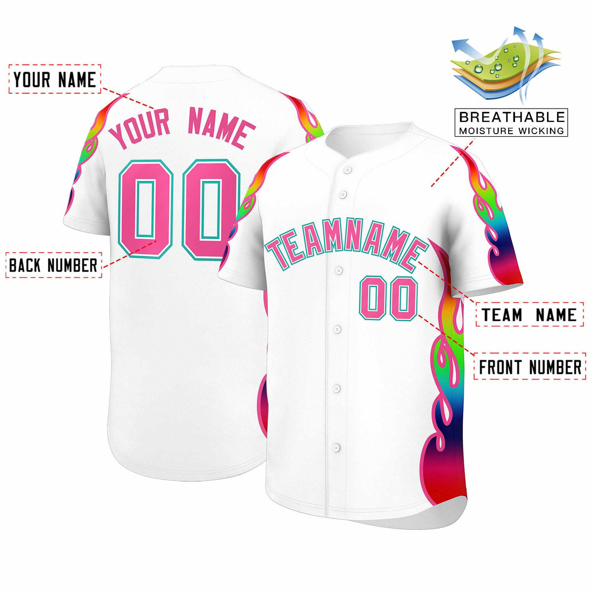Custom White Graffiti Pattern Personalized Multicolored Flames Print Authentic Baseball Jersey