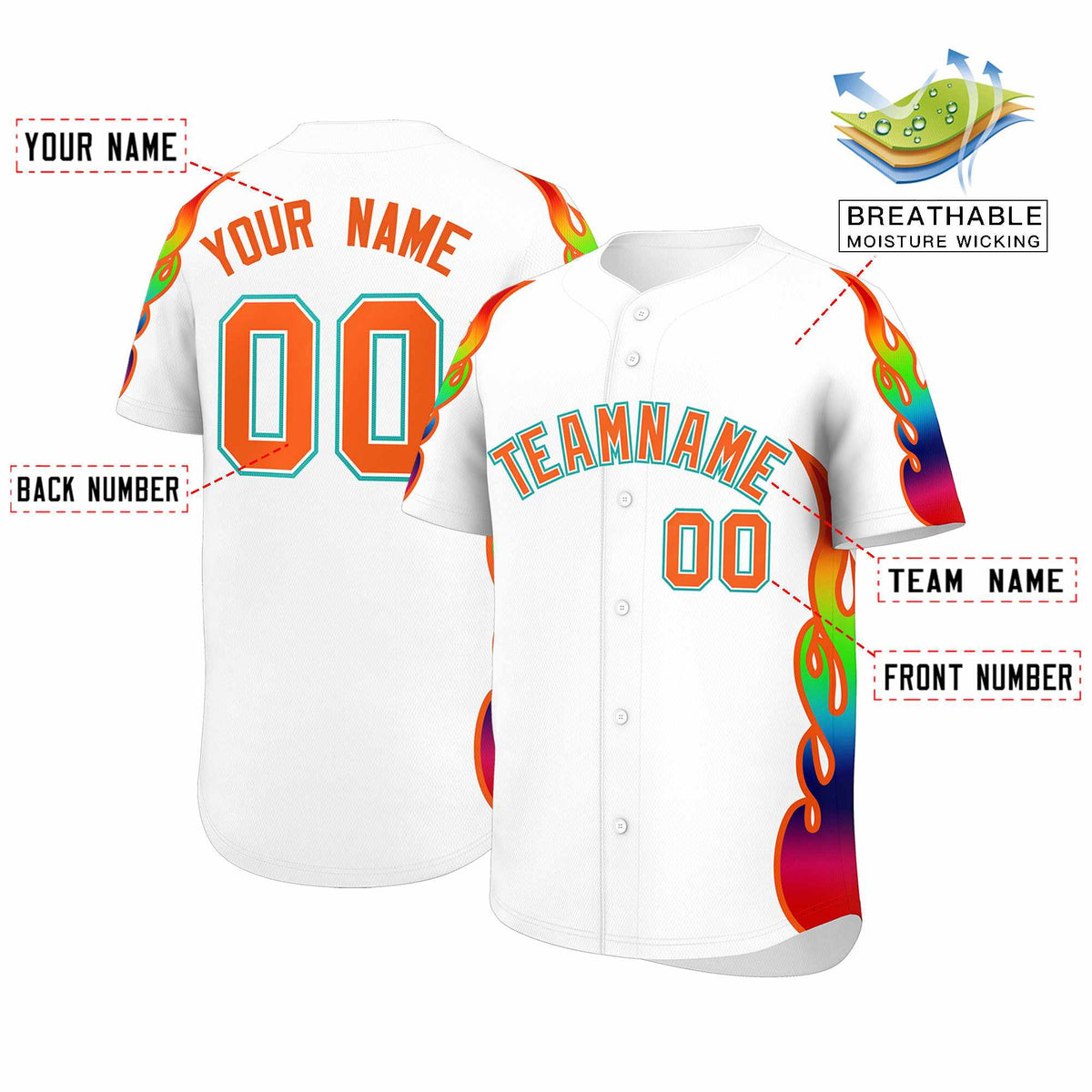Custom White Graffiti Pattern Personalized Multicolored Flames Print Authentic Baseball Jersey