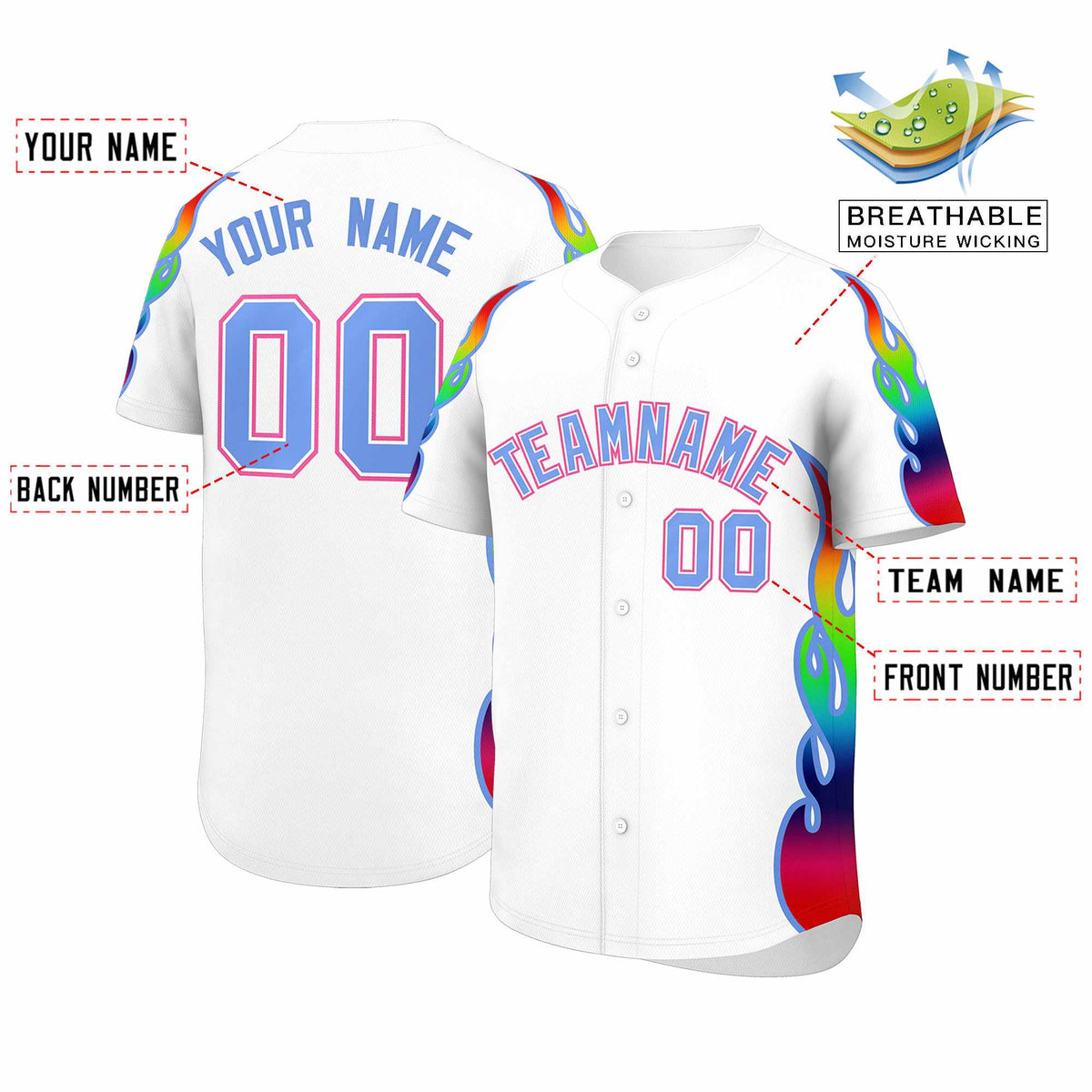 Custom White Graffiti Pattern Personalized Multicolored Flames Print Authentic Baseball Jersey