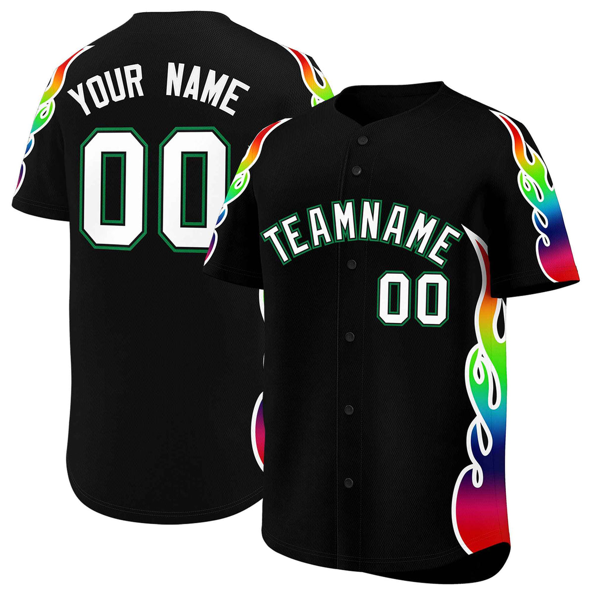 Custom Black Graffiti Pattern Personalized Multicolored Flames Print Authentic Baseball Jersey