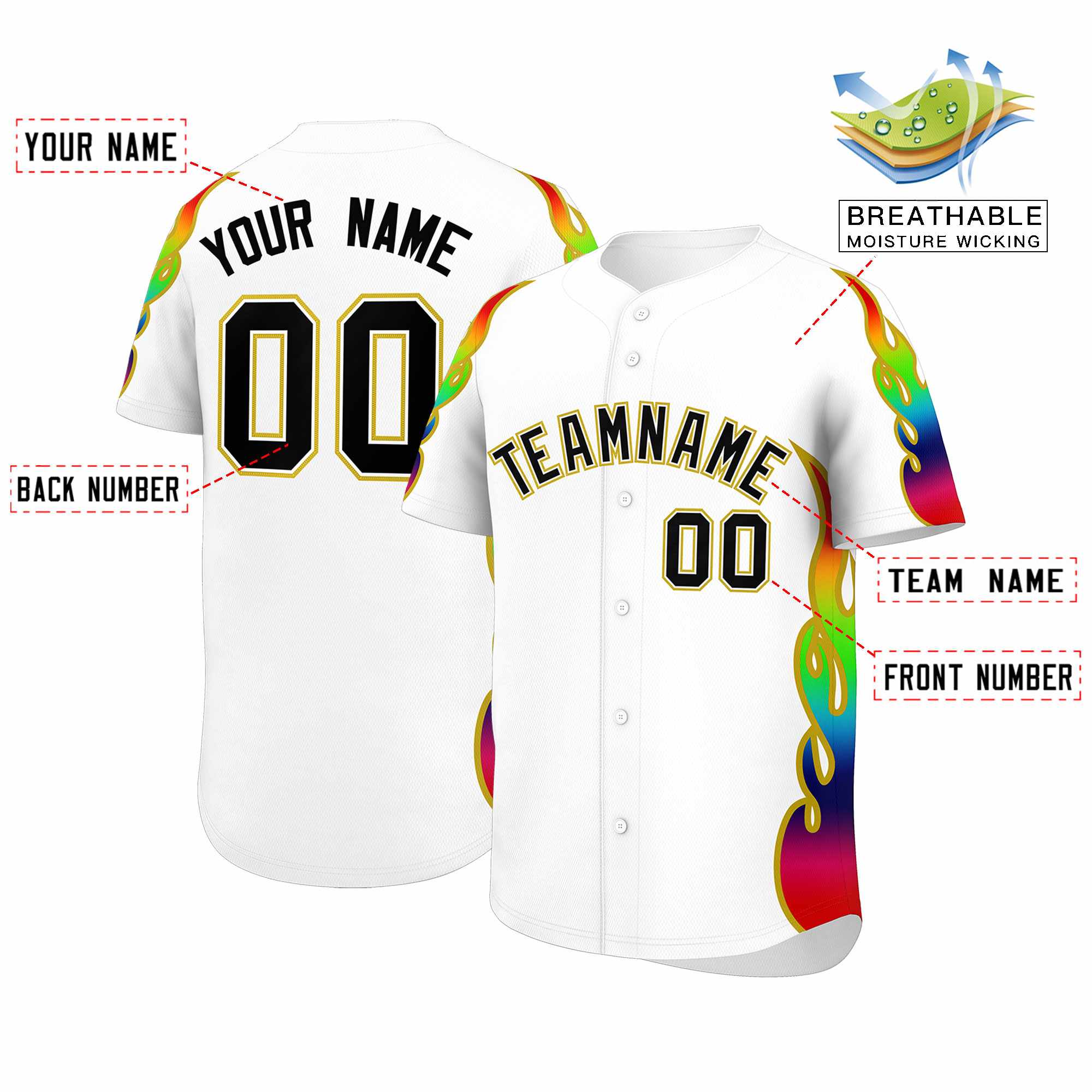 Custom White Graffiti Pattern Personalized Multicolored Flames Print Authentic Baseball Jersey