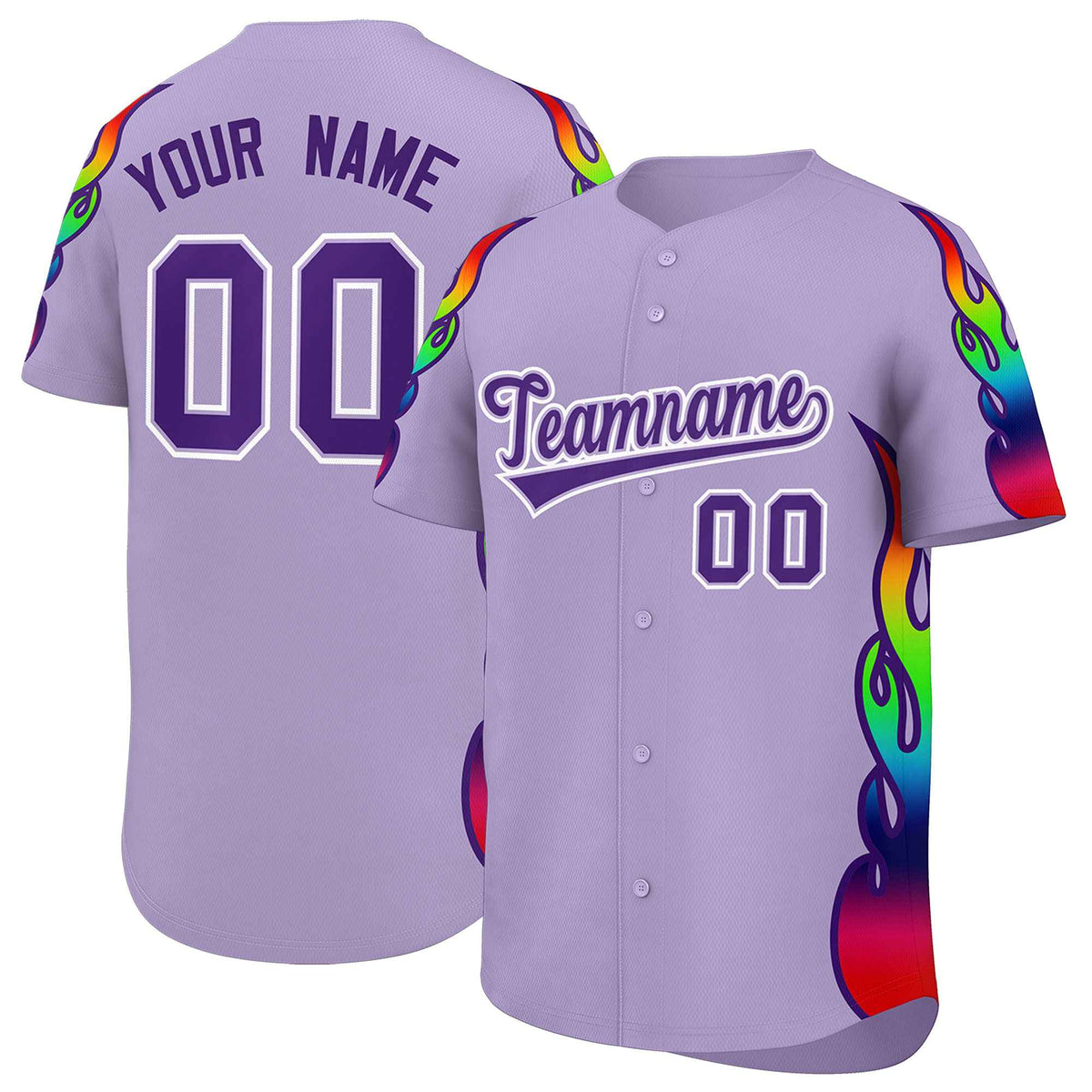 Custom Light Purple Graffiti Pattern Personalized Multicolored Flames Print Authentic Baseball Jersey