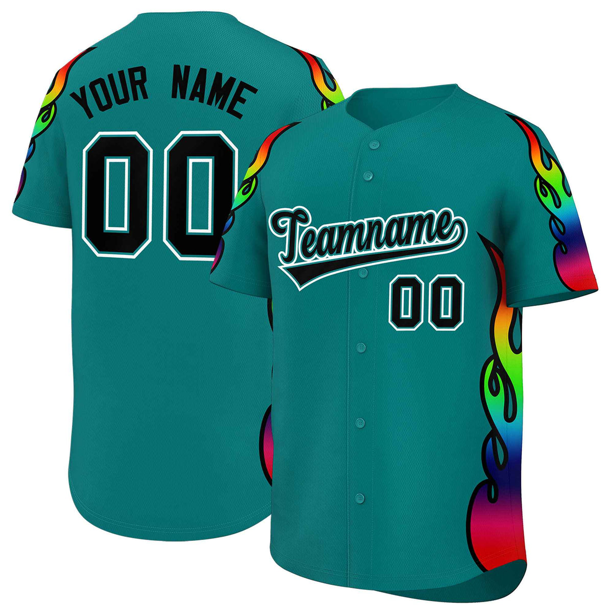 Custom Aqua Graffiti Pattern Personalized Multicolored Flames Print Authentic Baseball Jersey