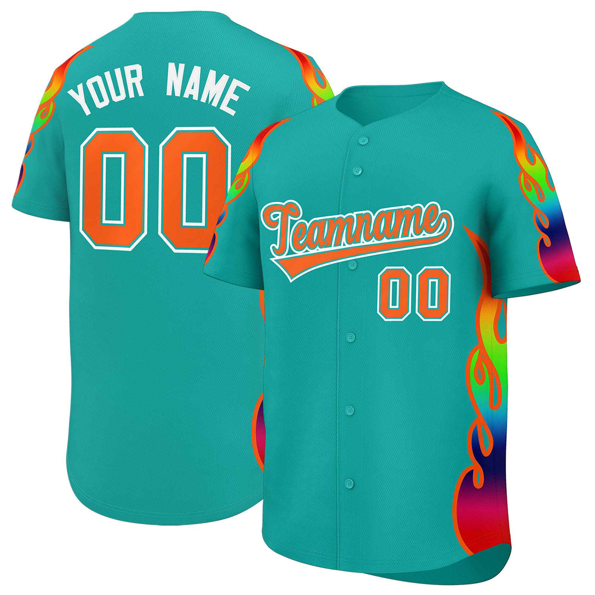 Custom Aqua Graffiti Pattern Personalized Multicolored Flames Print Authentic Baseball Jersey