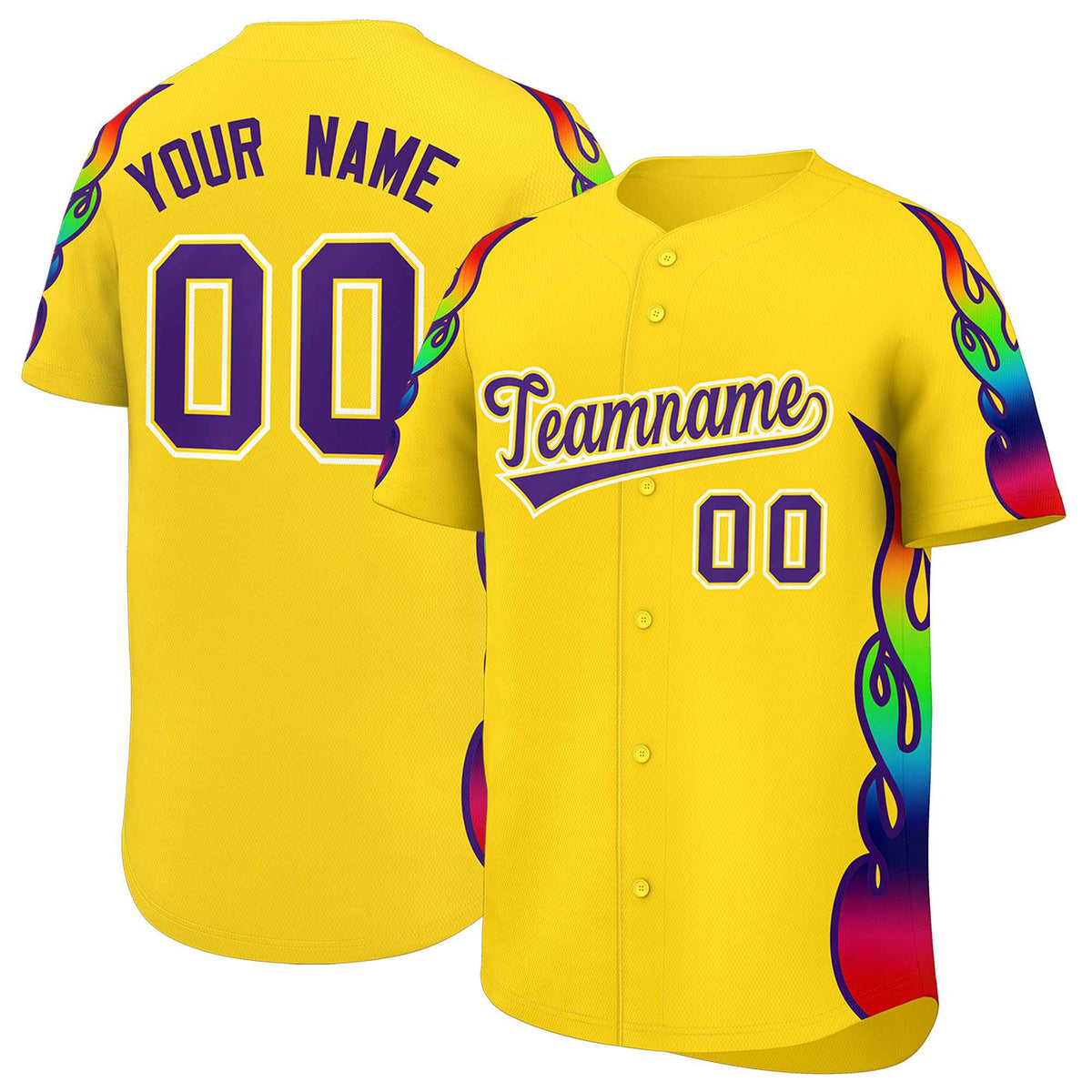 Custom Gold Graffiti Pattern Personalized Multicolored Flames Print Authentic Baseball Jersey