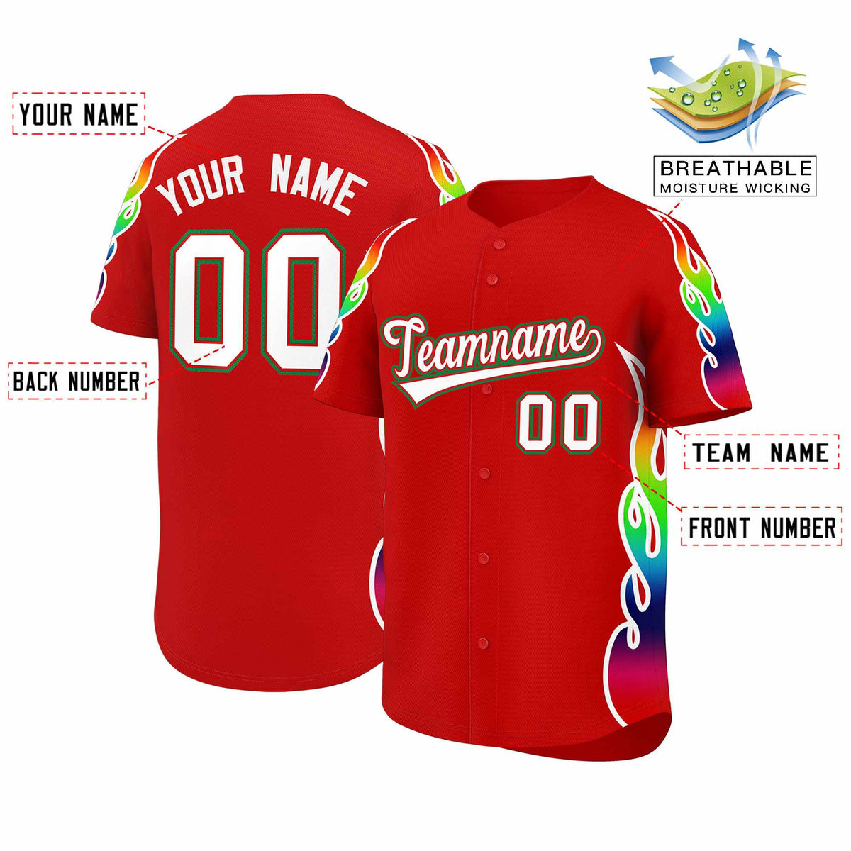 Custom Red Graffiti Pattern Personalized Multicolored Flames Print Authentic Baseball Jersey