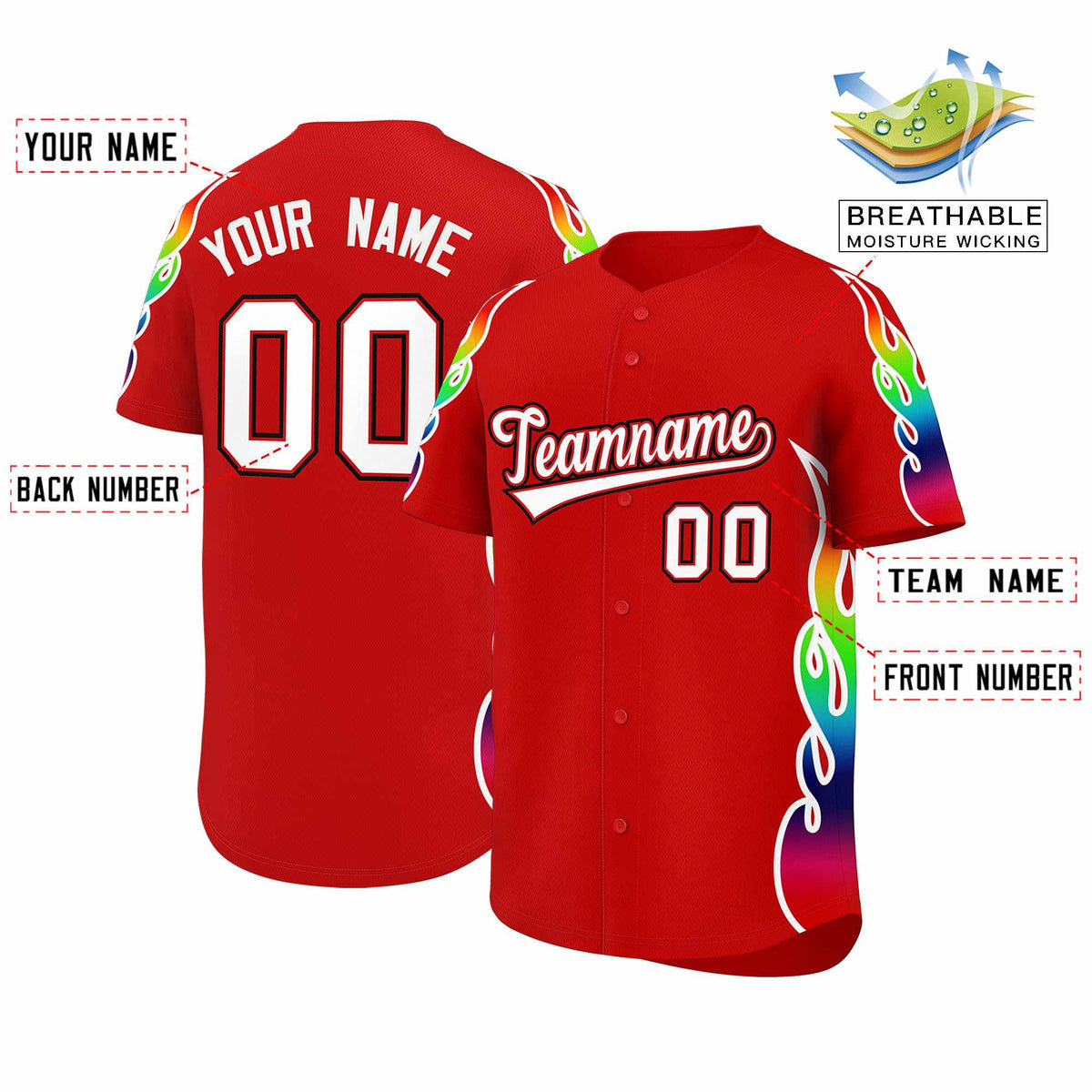 Custom Red Graffiti Pattern Personalized Multicolored Flames Print Authentic Baseball Jersey