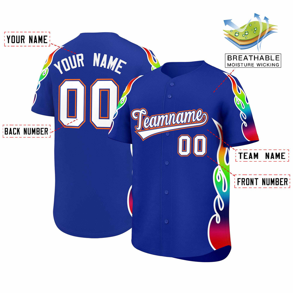 Custom Royal Graffiti Pattern Personalized Multicolored Flames Print Authentic Baseball Jersey